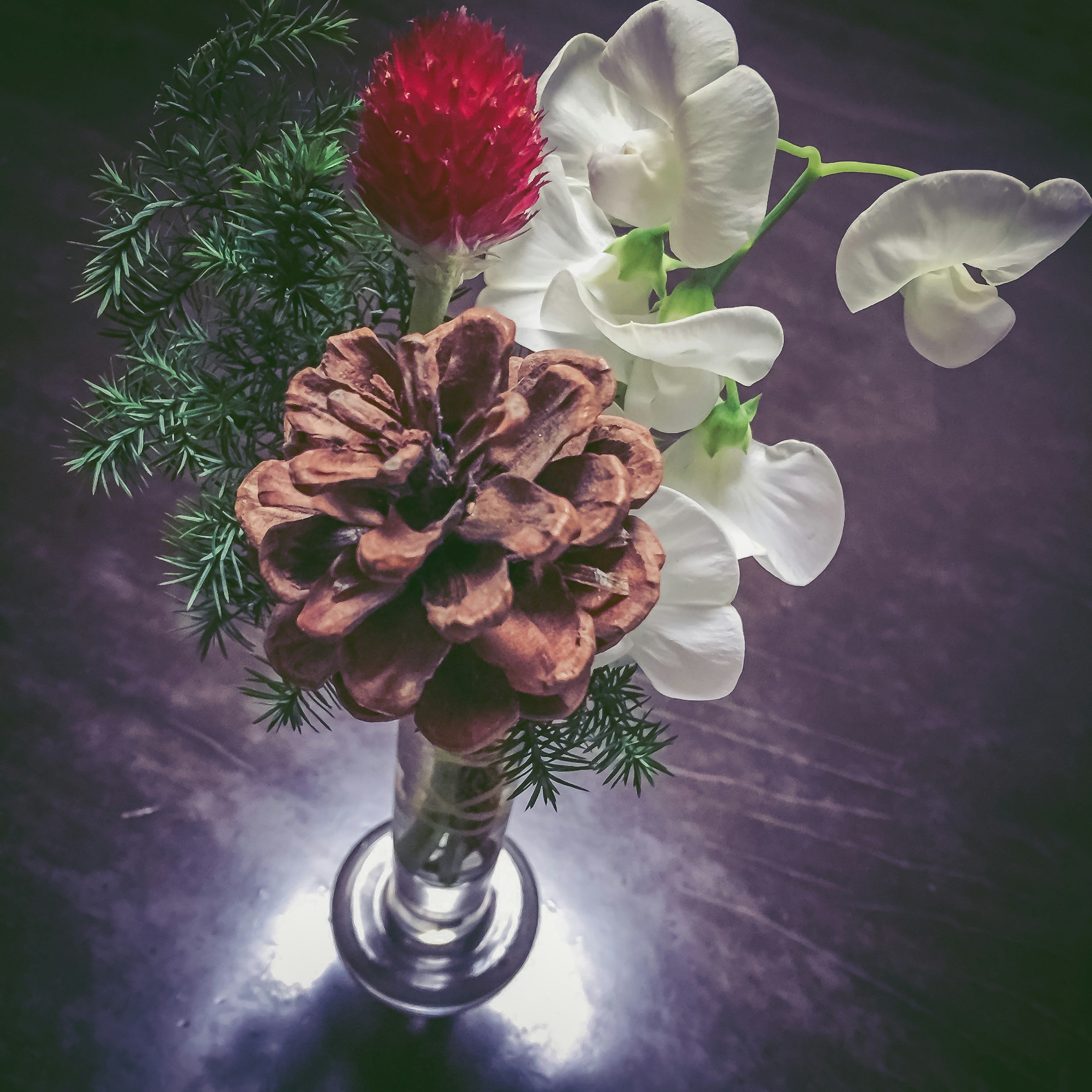 Un vase en verre avec un cône de pin des fleurs blanches et une fleur rouge