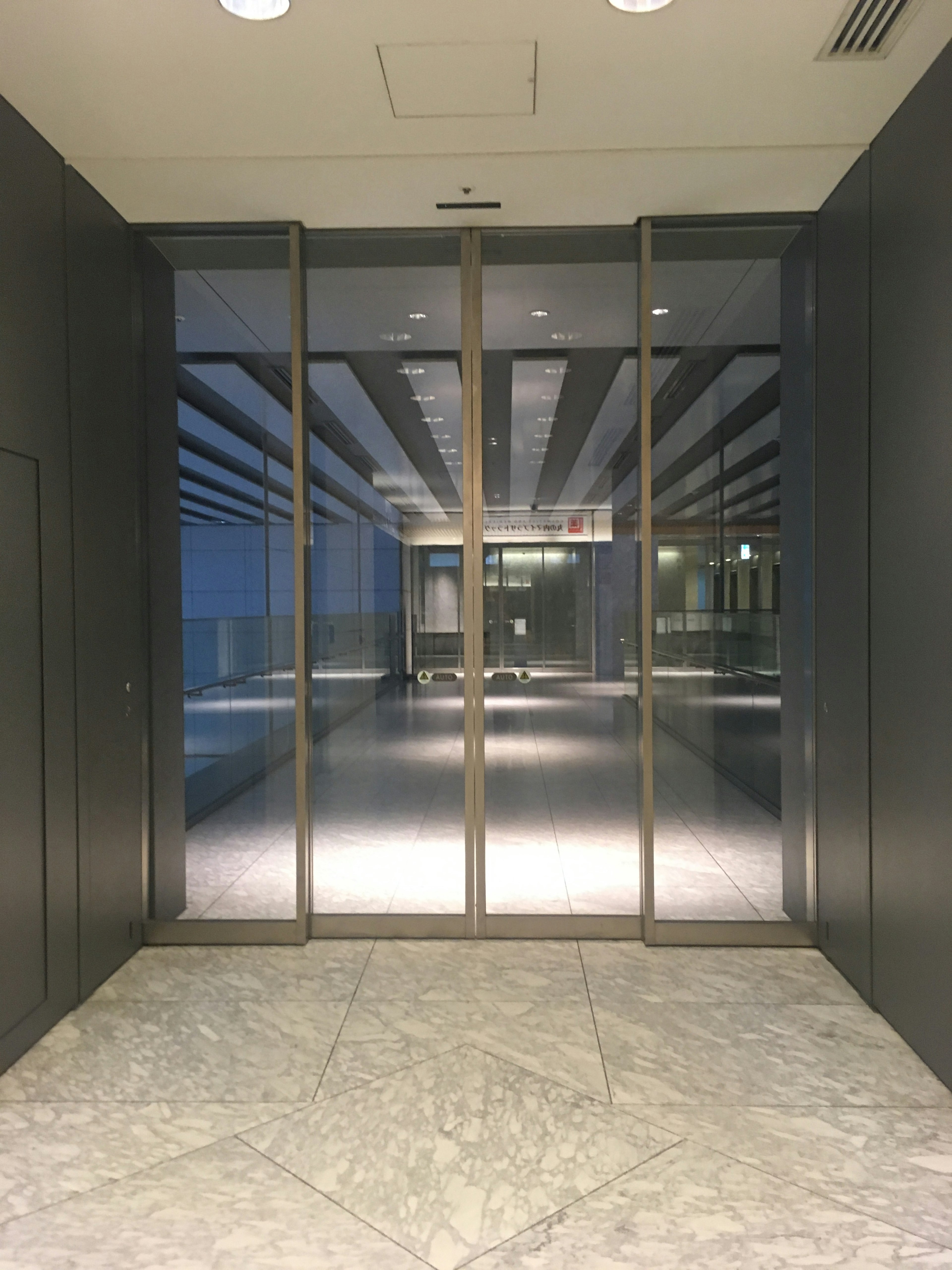 Modern lobby view with glass doors and bright lighting creating a serene atmosphere