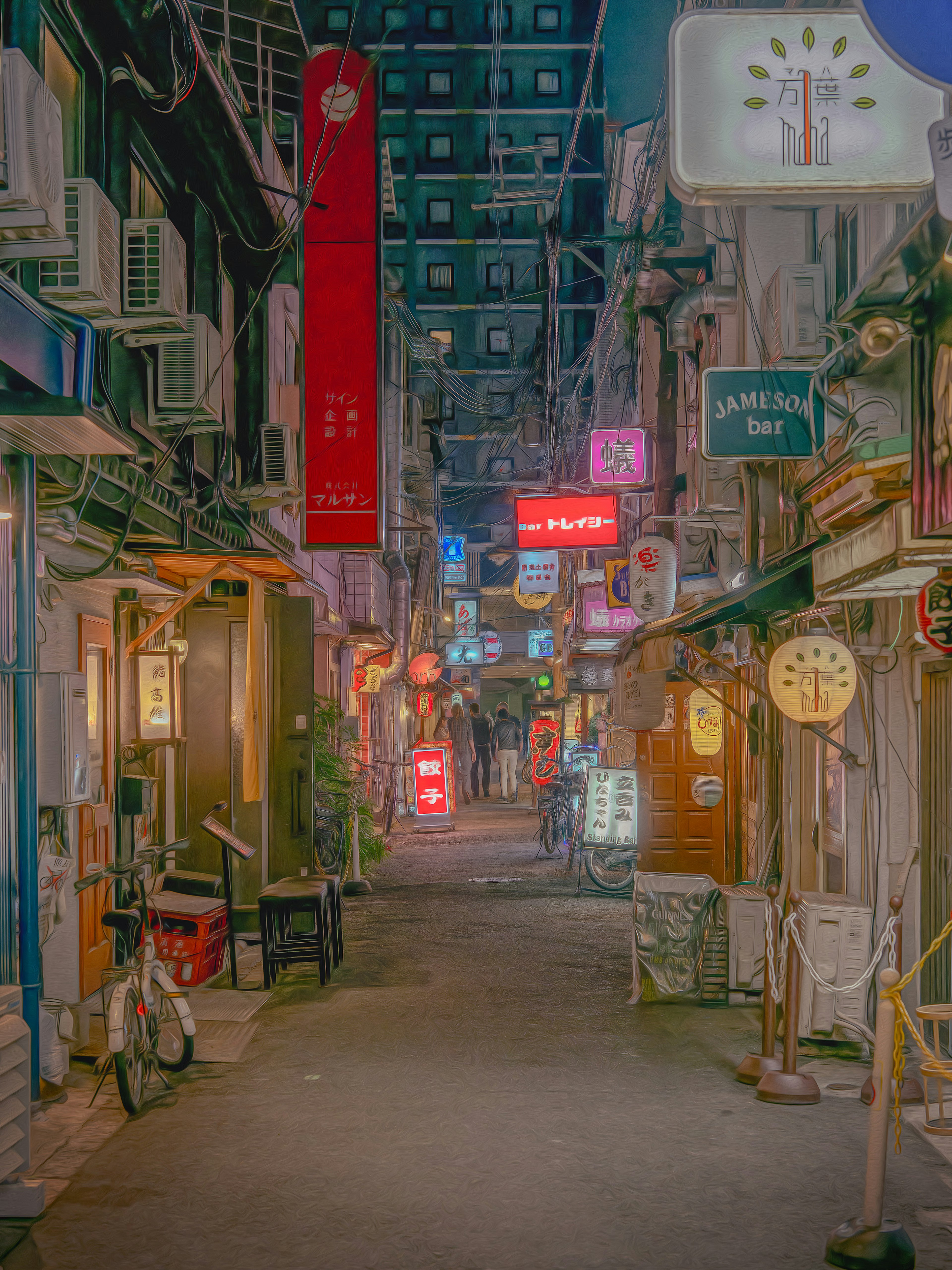 Narrow alleyway illuminated at night with colorful restaurant signs