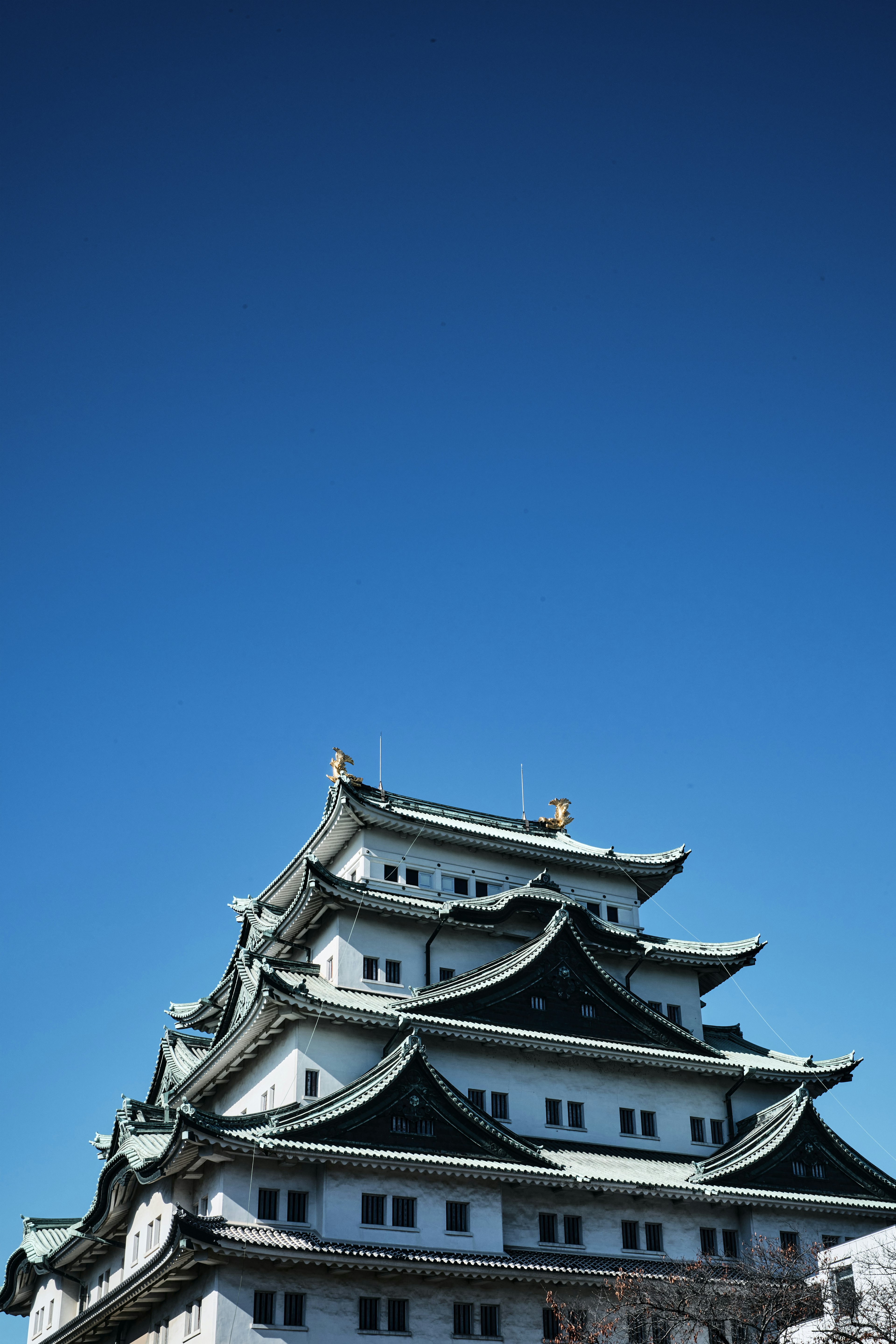 Kastil Nagoya dengan atap yang indah di latar belakang langit biru