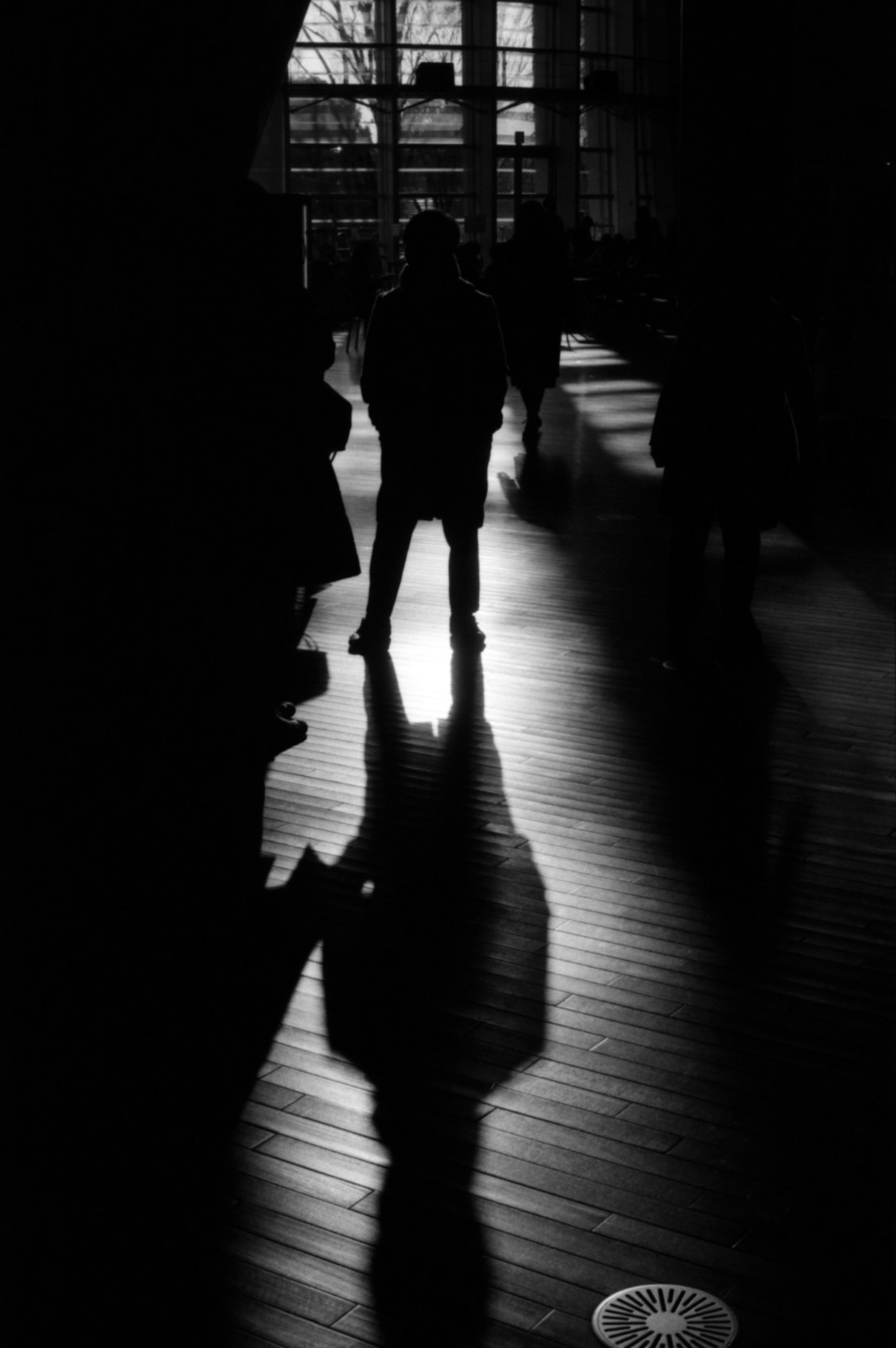 Silhouette of a person standing in a dark space with their shadow on the floor