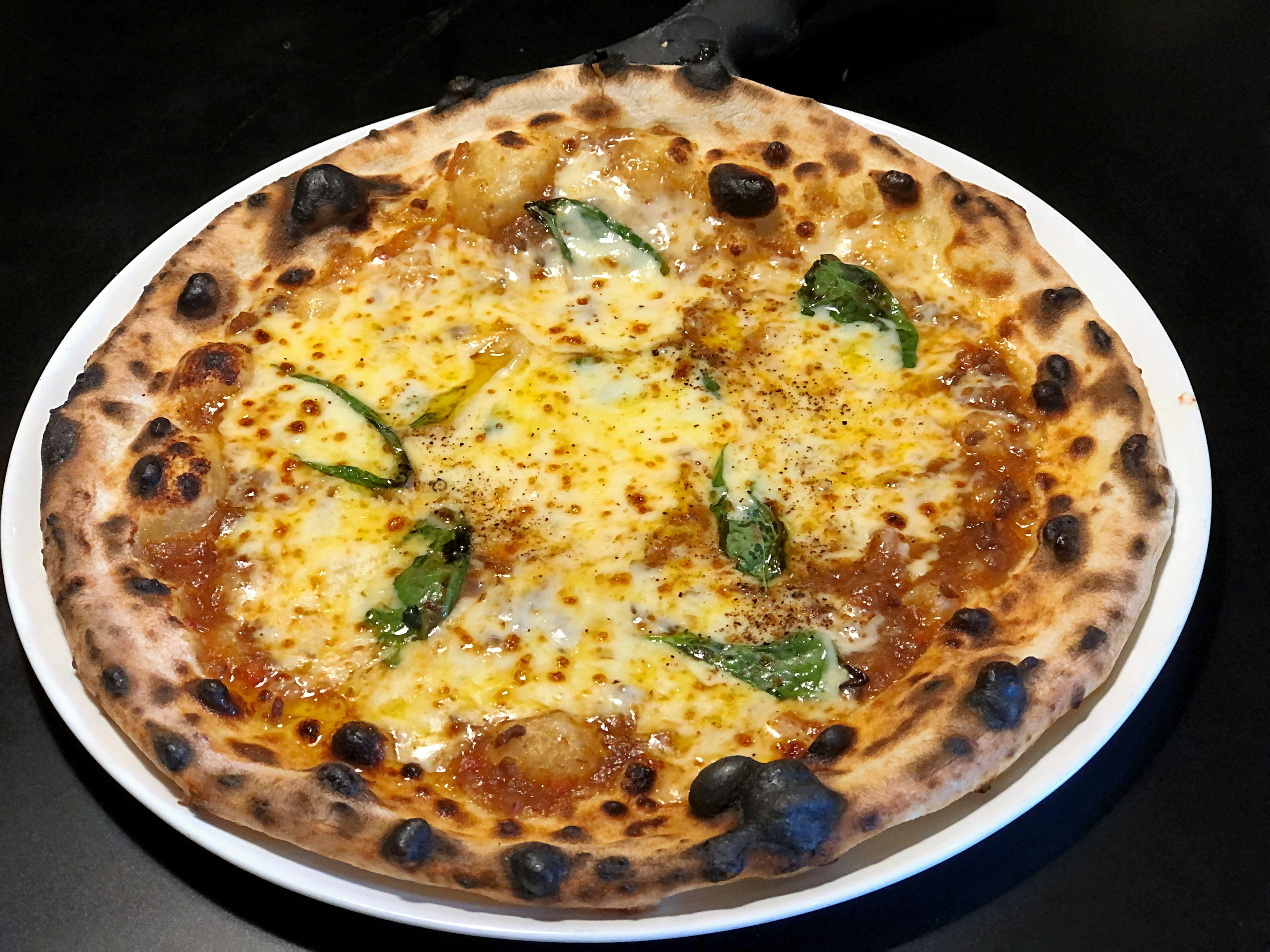 Crispy pizza with charred crust topped with mozzarella cheese and basil