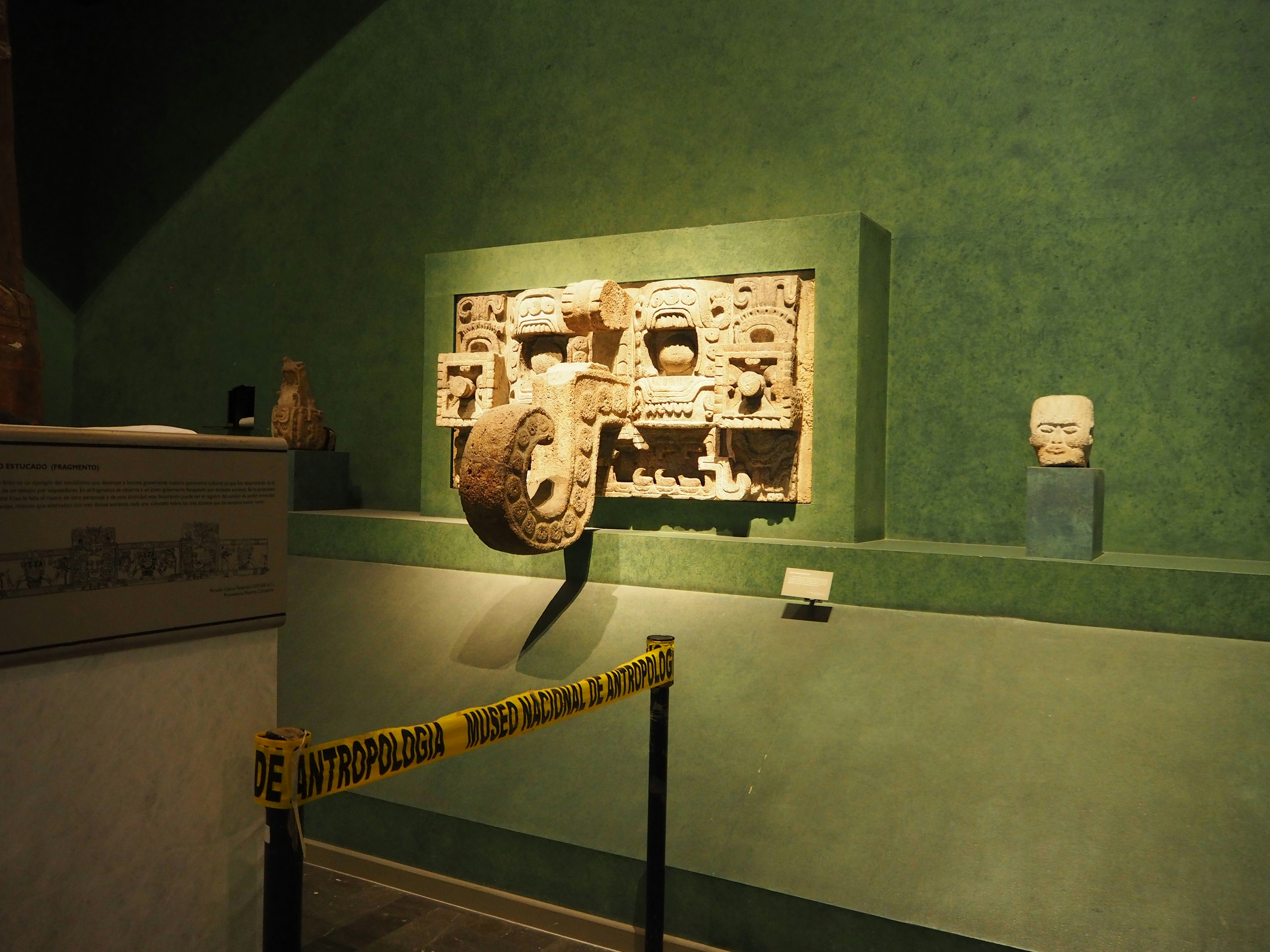 Interior of a museum featuring ancient sculptures and artifacts displayed on a green wall