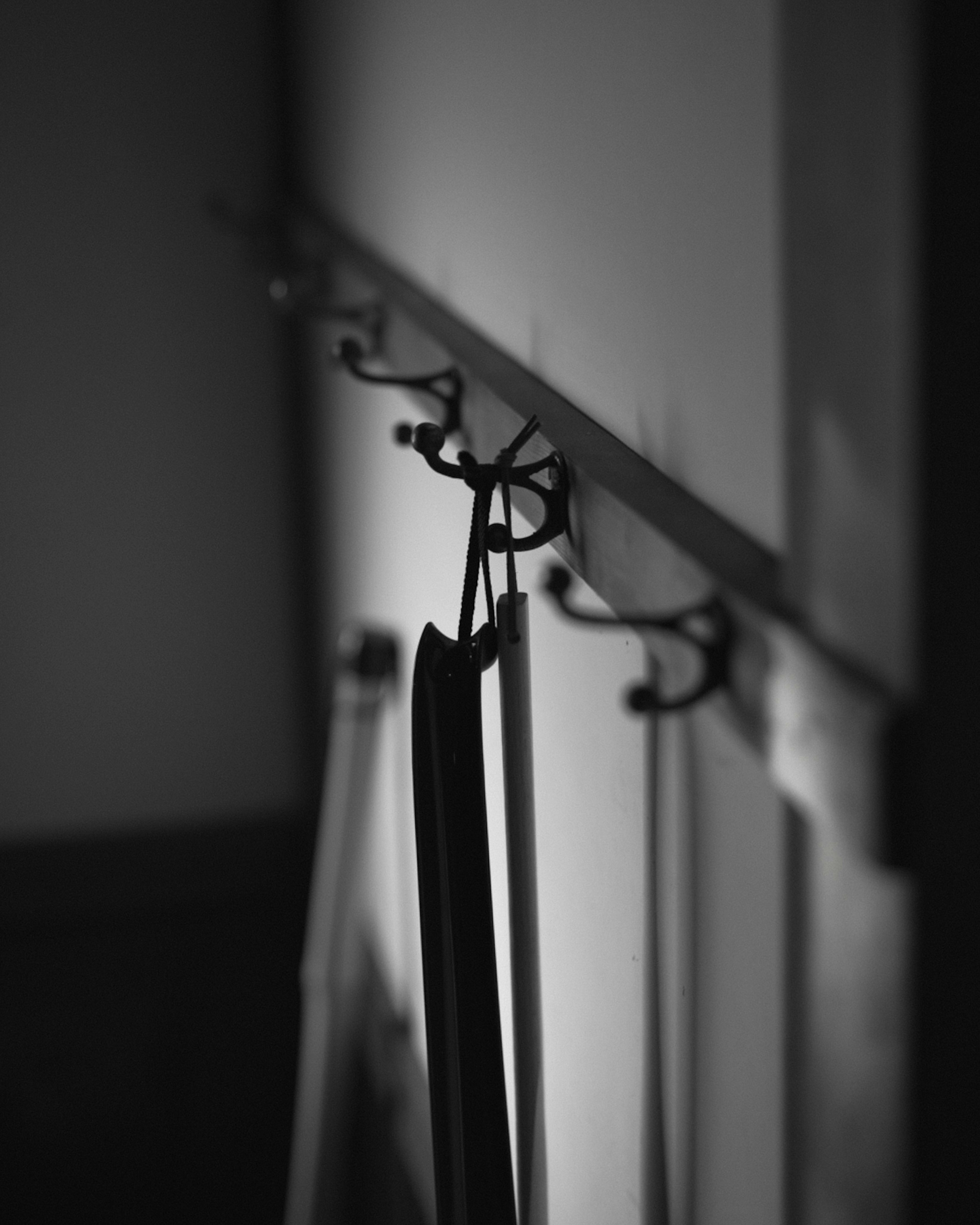 A close-up of hooks on a wall with items hanging in a monochrome setting