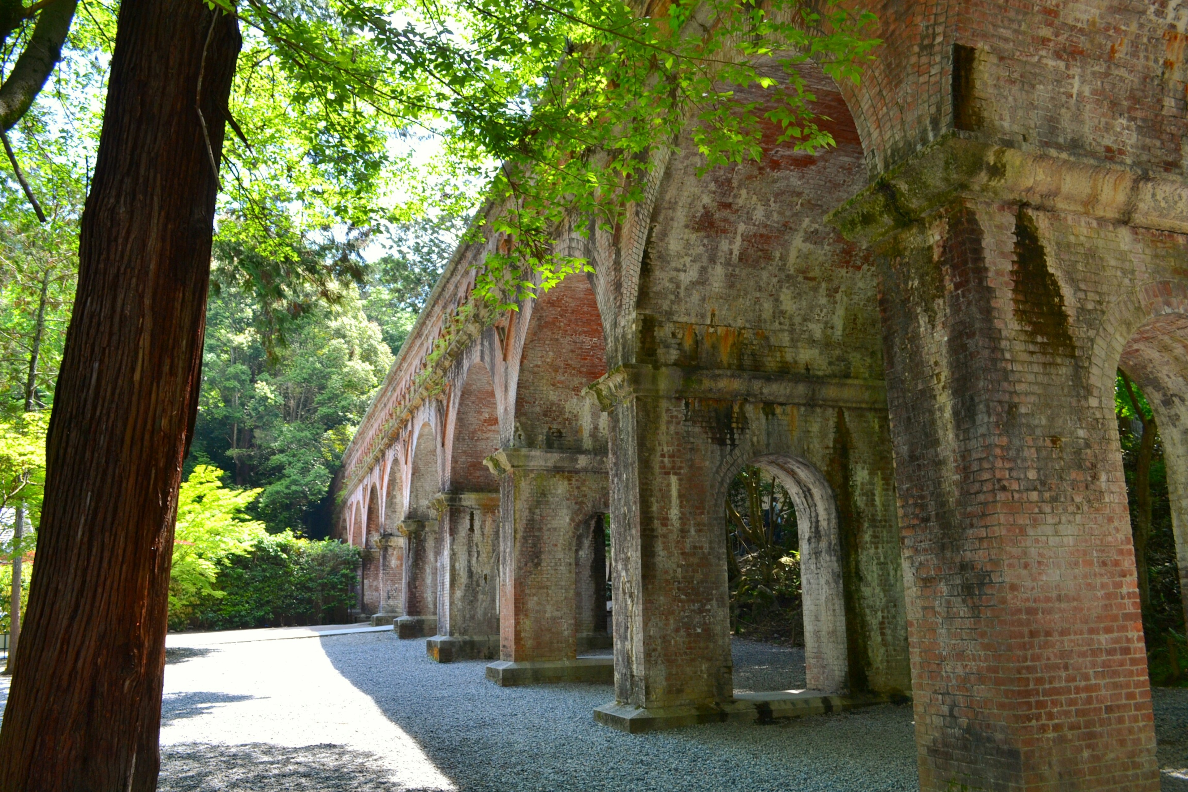 Antigua estructura de arcos de ladrillo rodeada de árboles verdes