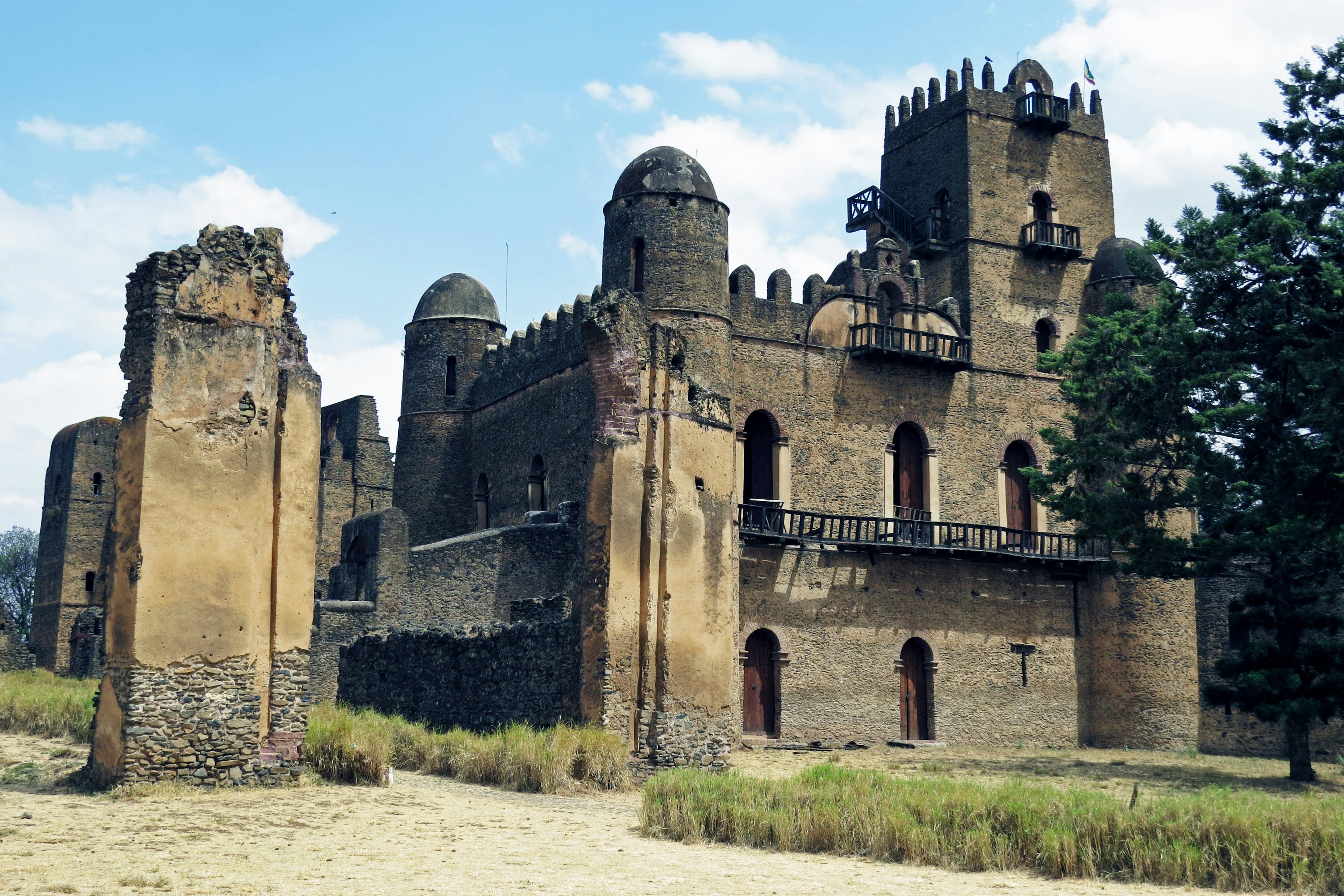 Ruins of an ancient fortress in Ethiopia with distinctive towers