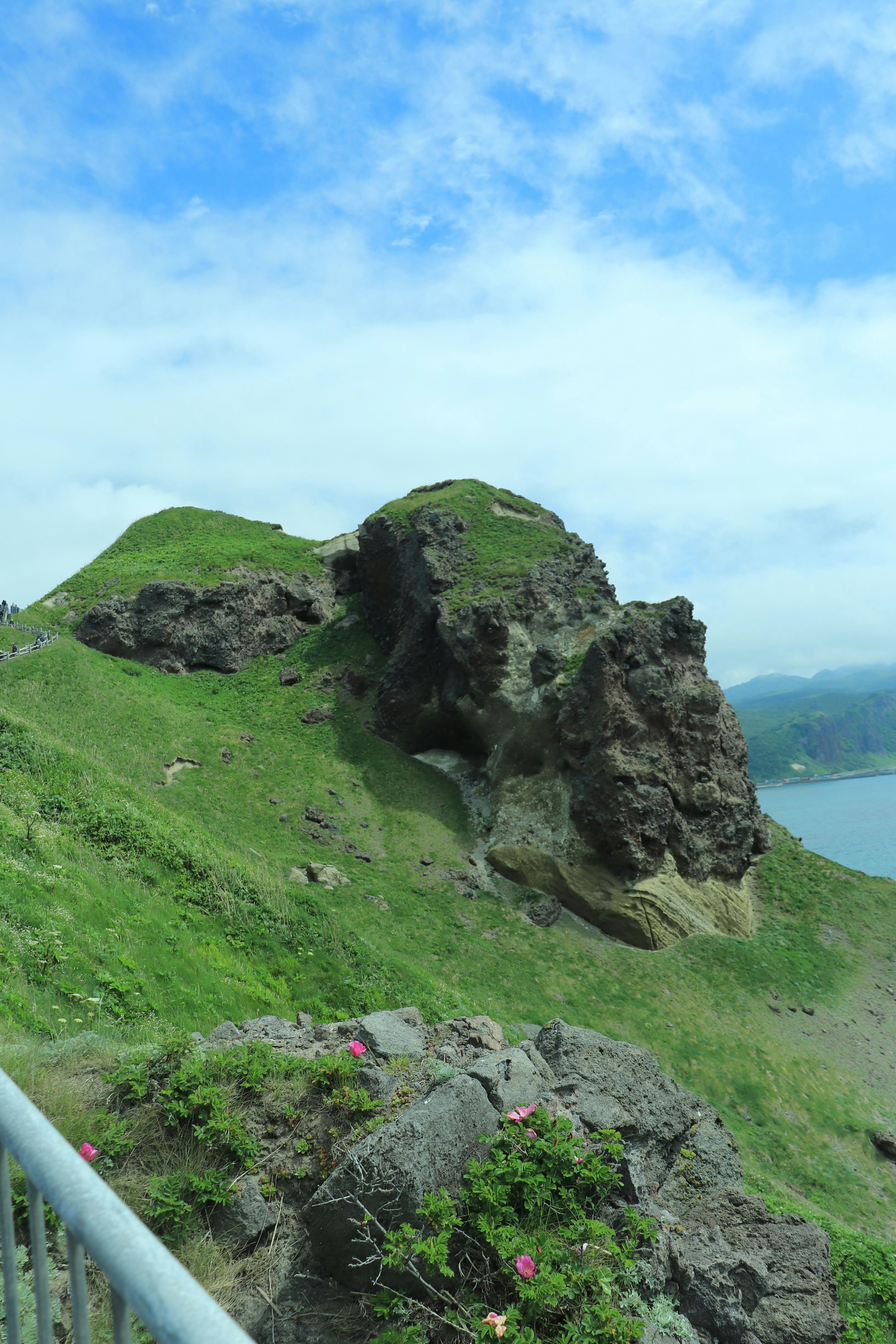 A rocky hill surrounded by green grass and blue sky