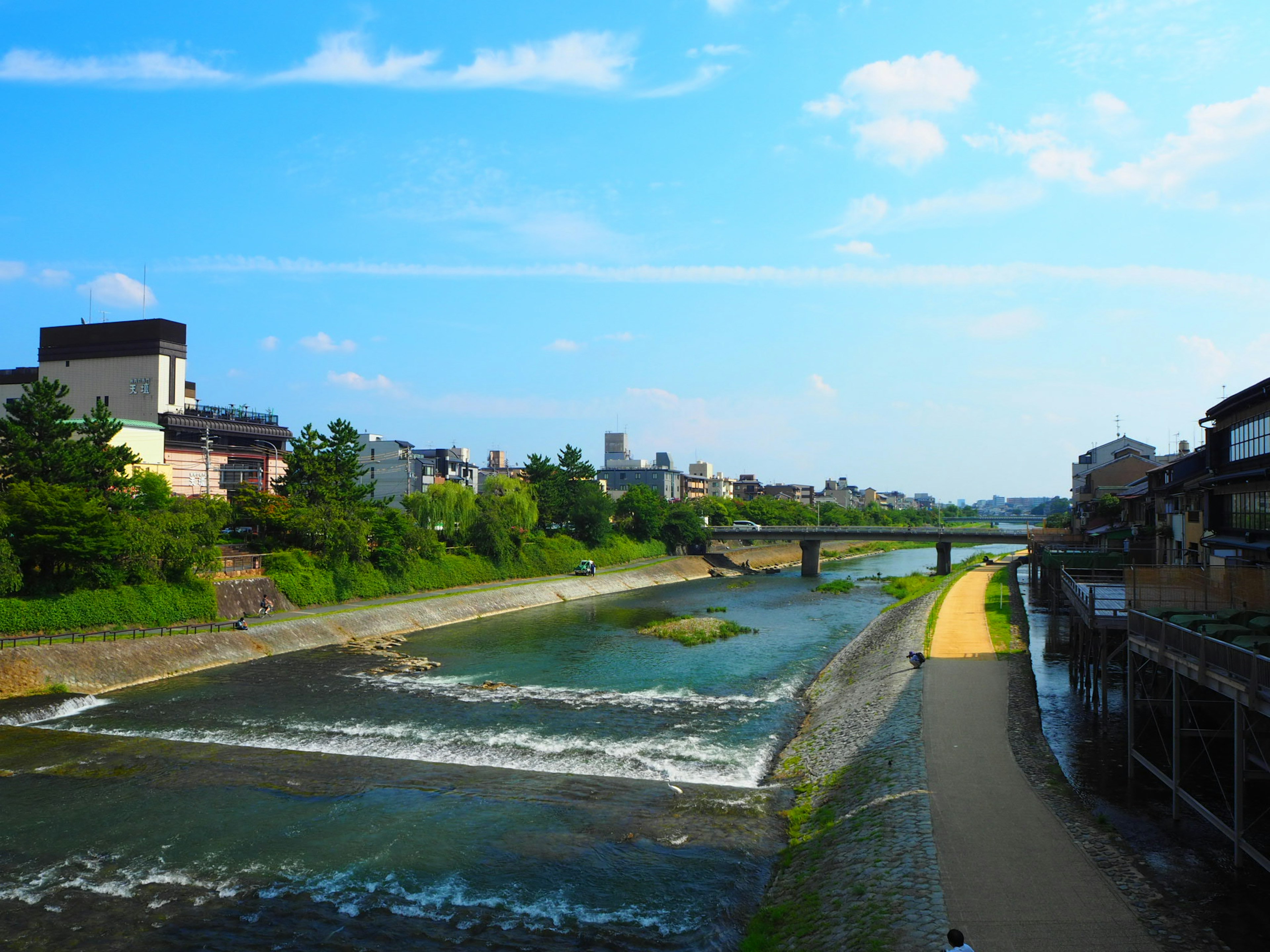 Paysage de rivière sereine avec ciel bleu bâtiments et verdure à proximité