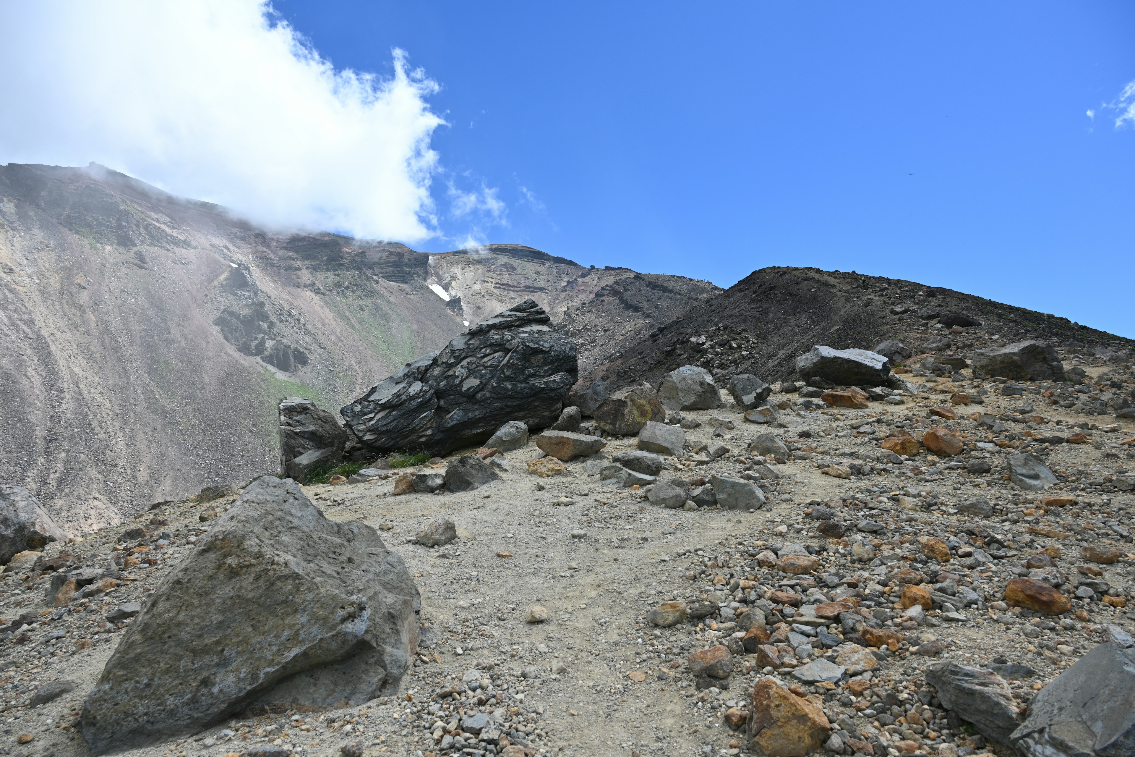 Paesaggio montano con rocce e terreno secco Cielo blu con nuvole