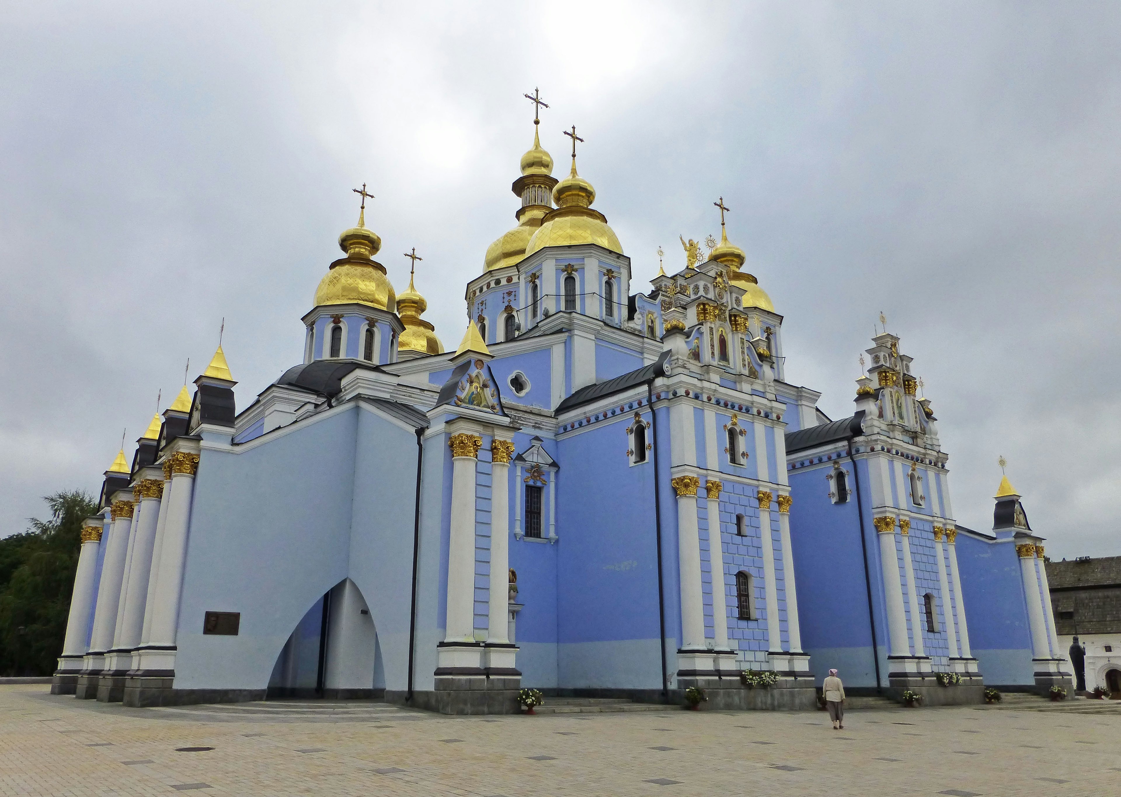 Exterior of St. Michael's Golden-Domed Cathedral featuring blue and gold domes