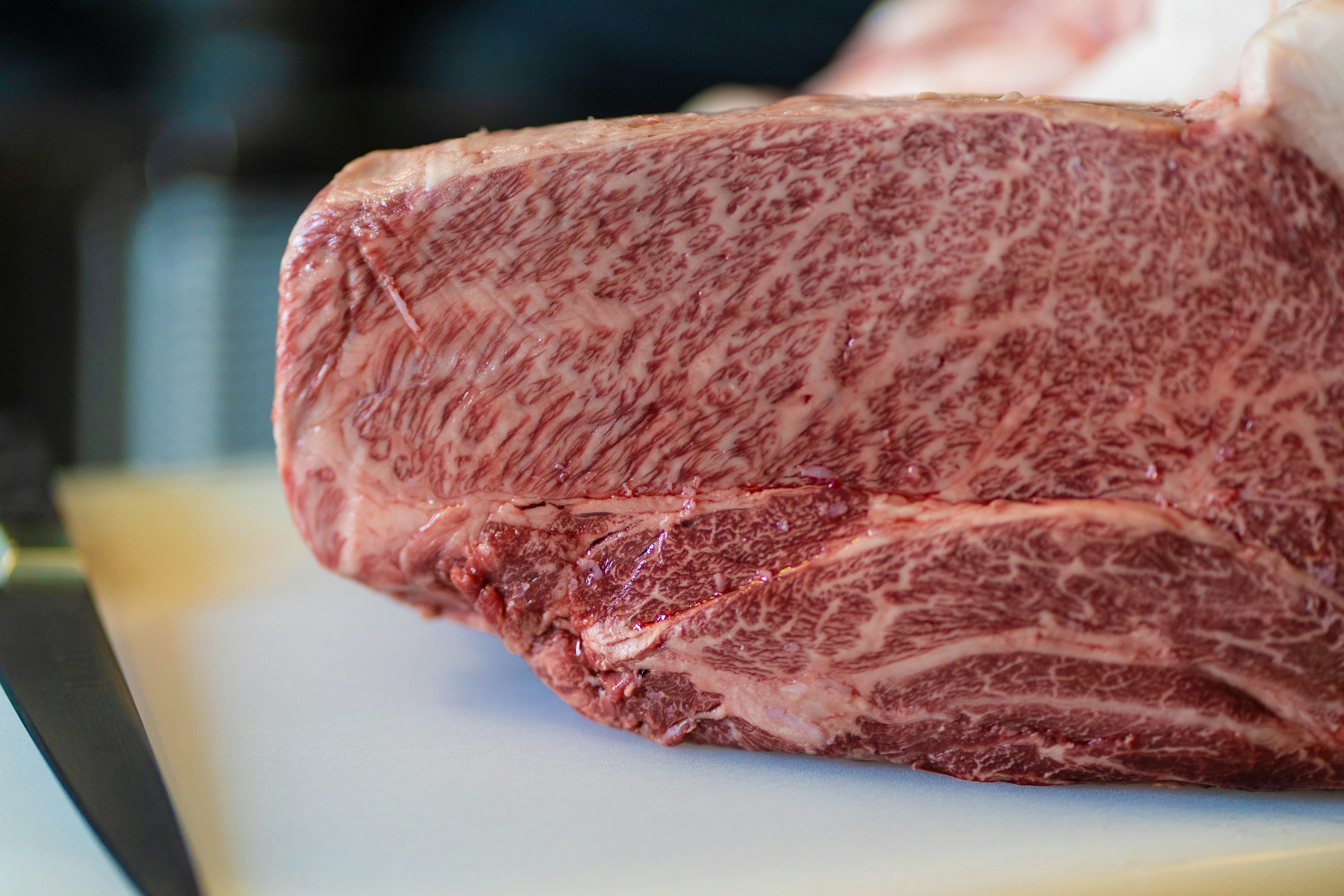 Close-up of a marbled piece of beef on a white cutting board