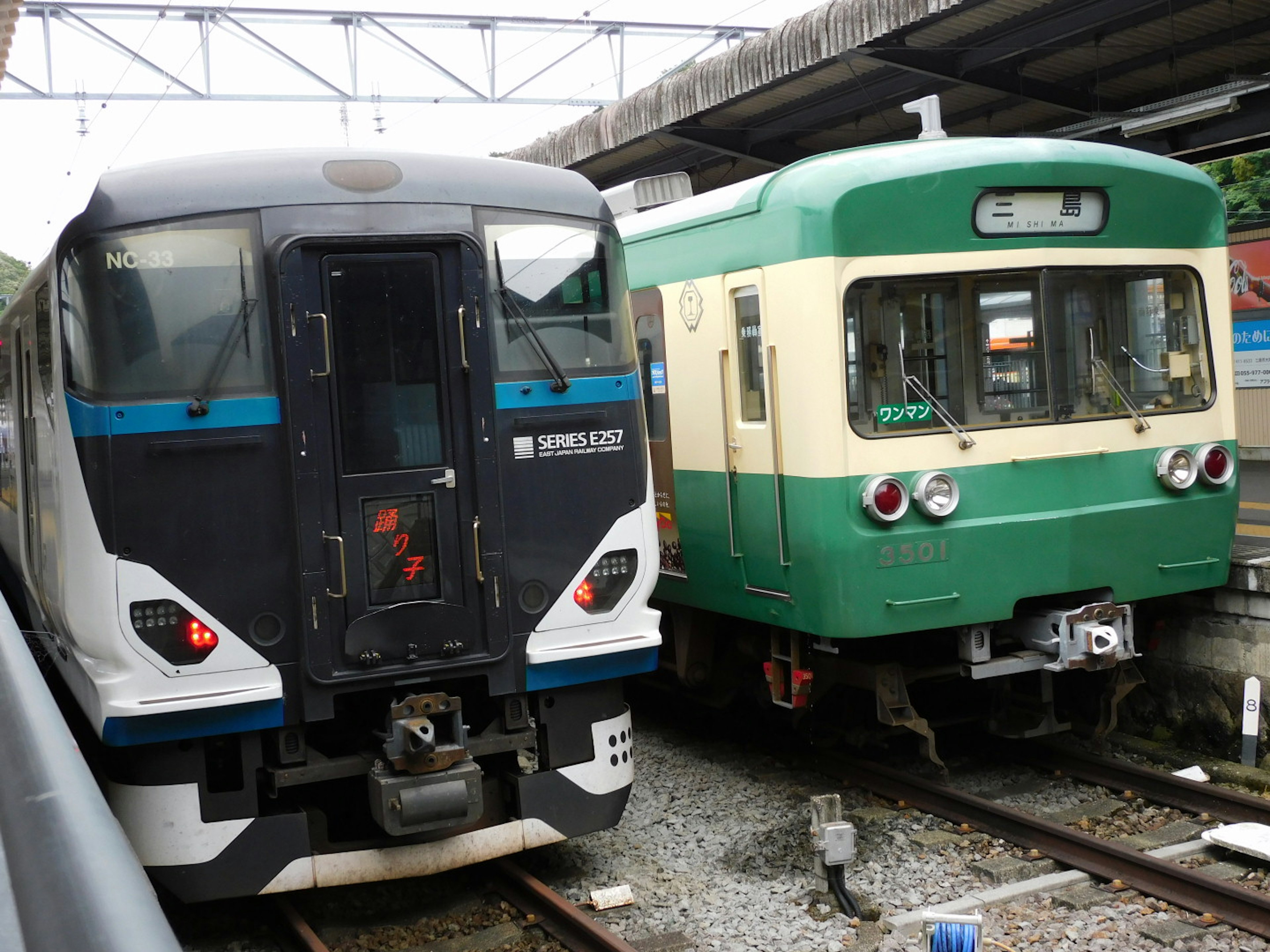 รถไฟสองขบวนที่สถานี รถไฟสีดำและสีน้ำเงินทันสมัยและรถไฟสีเขียวและครีมแบบดั้งเดิม