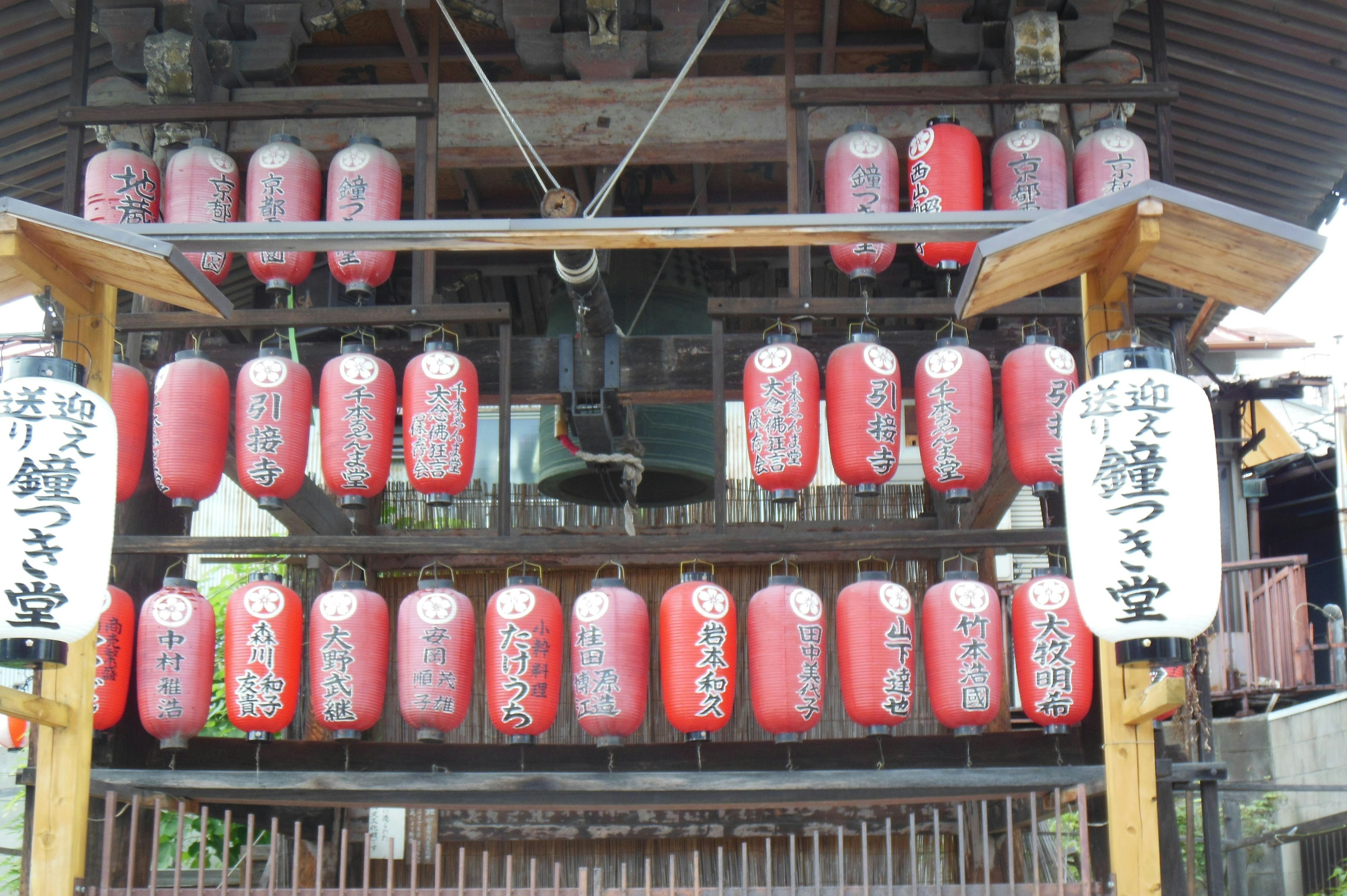 Entrance of a Japanese temple adorned with red lanterns