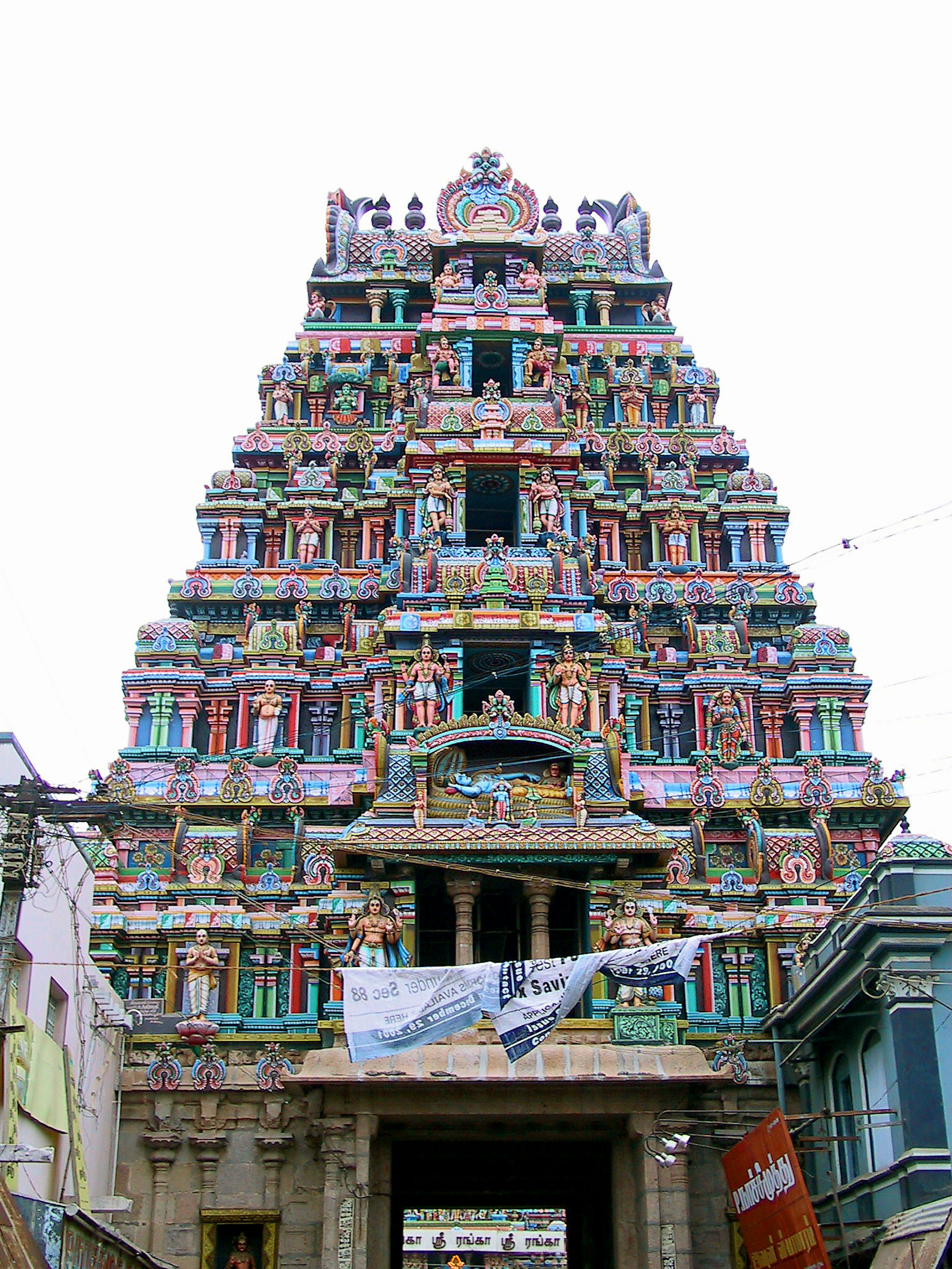 Image of a colorful South Indian temple tower with intricate decorations