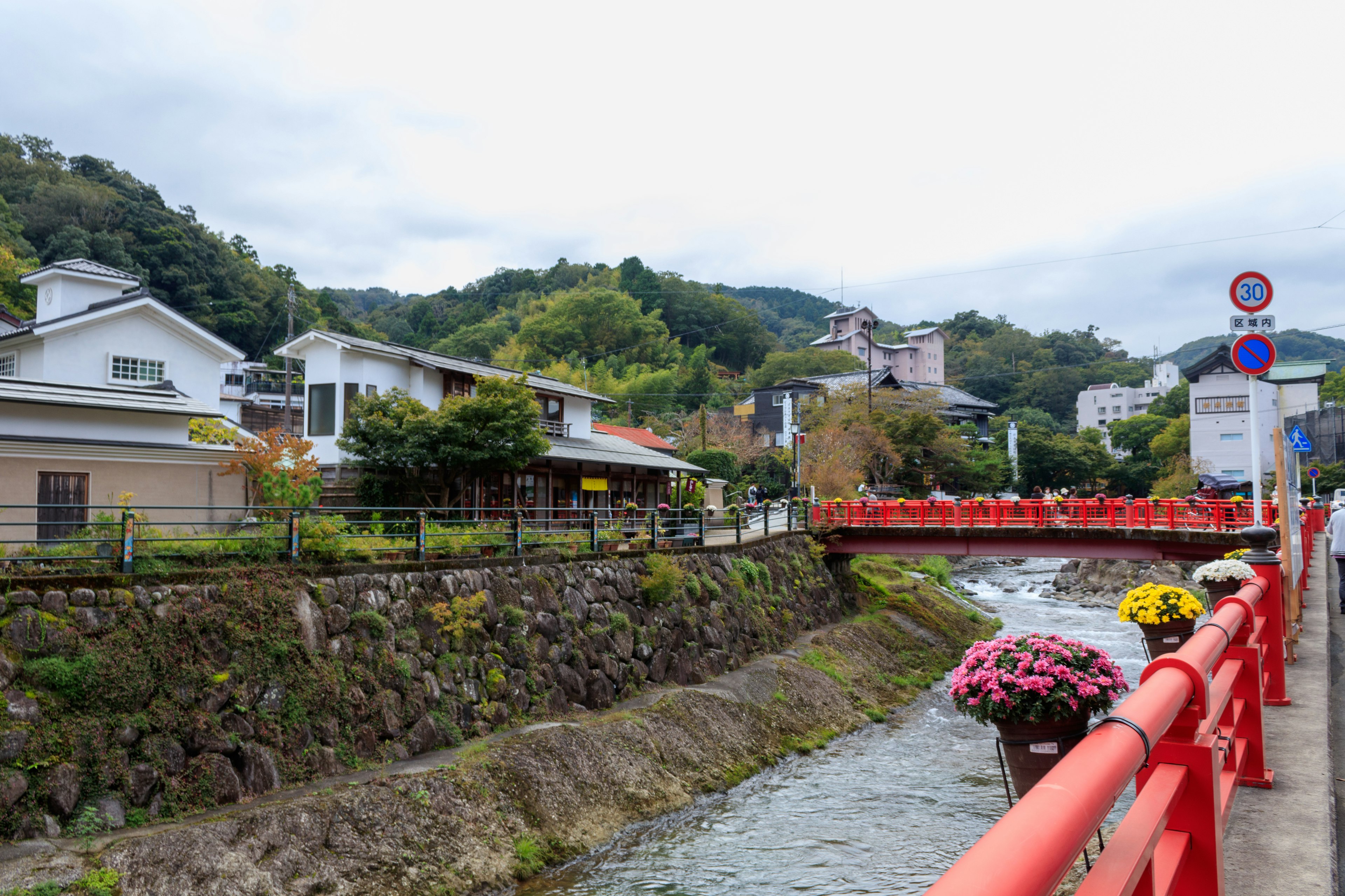 Paisaje japonés con un puente rojo y un río casas y montañas verdes