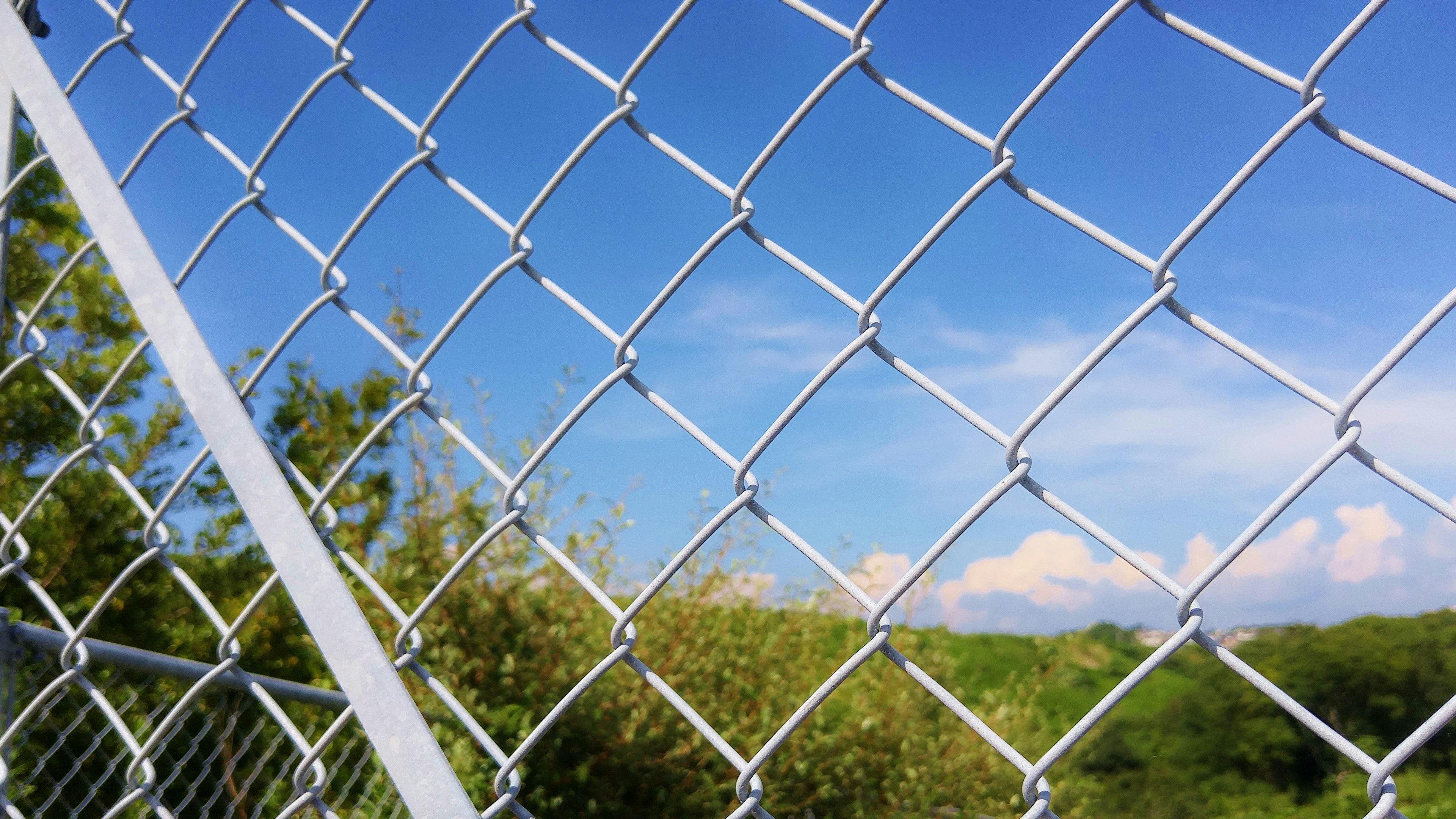 Nahaufnahme eines Maschendrahtzauns vor blauem Himmel und grünen Bäumen