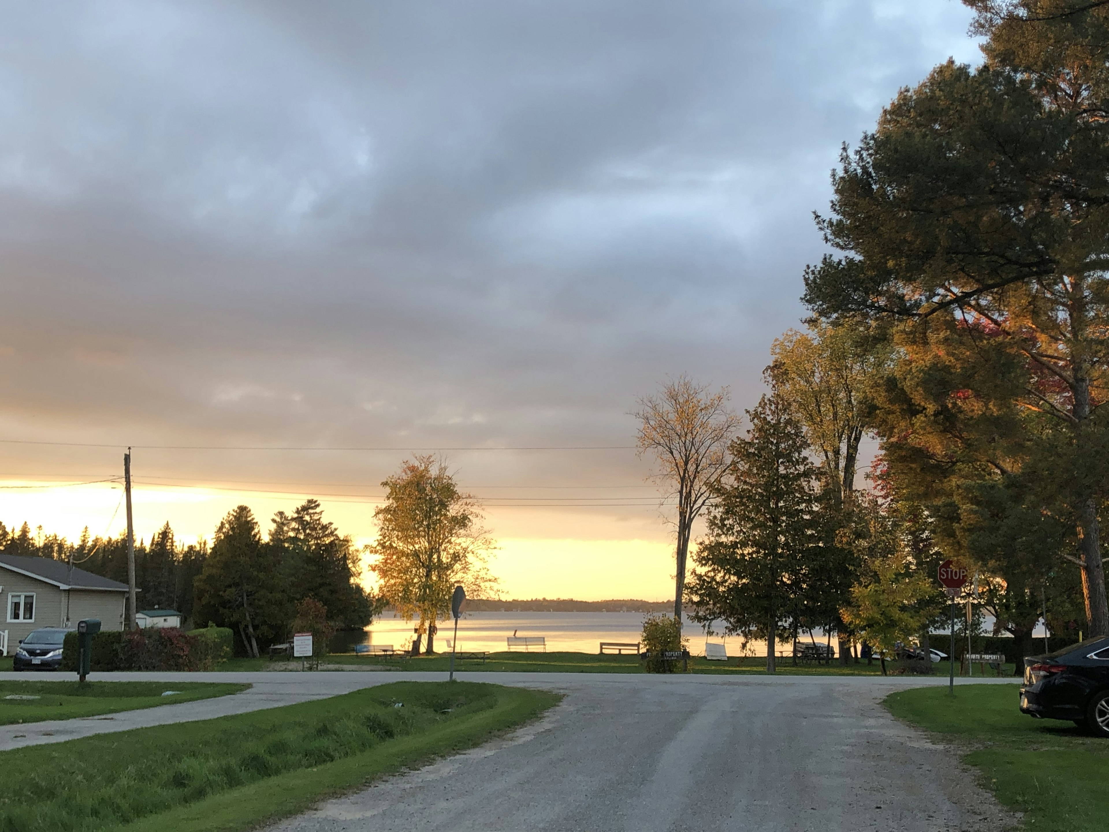 Malersicher Blick auf den See bei Sonnenuntergang mit Bäumen