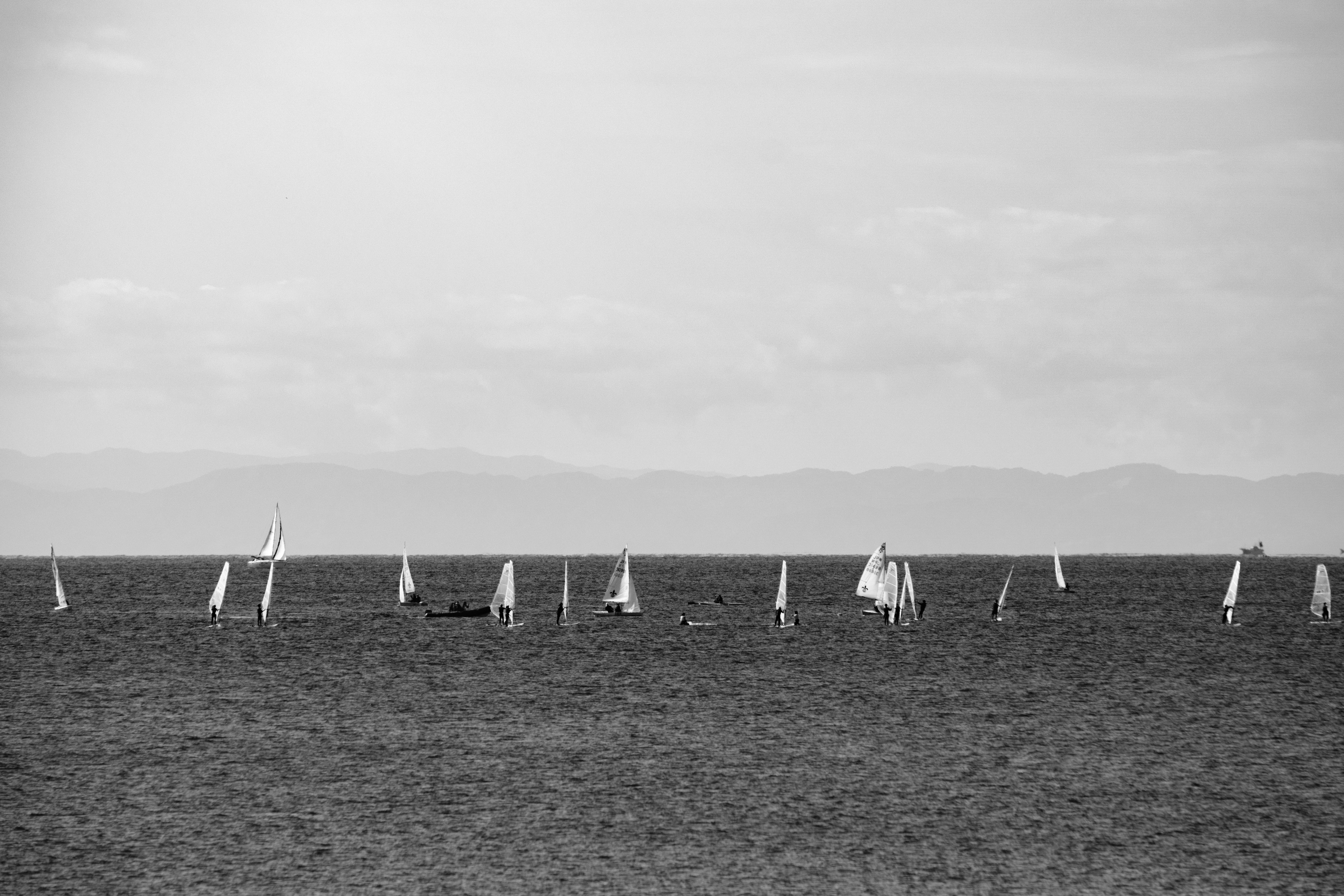 Numerous sailboats on the monochrome sea with distant mountains in the background