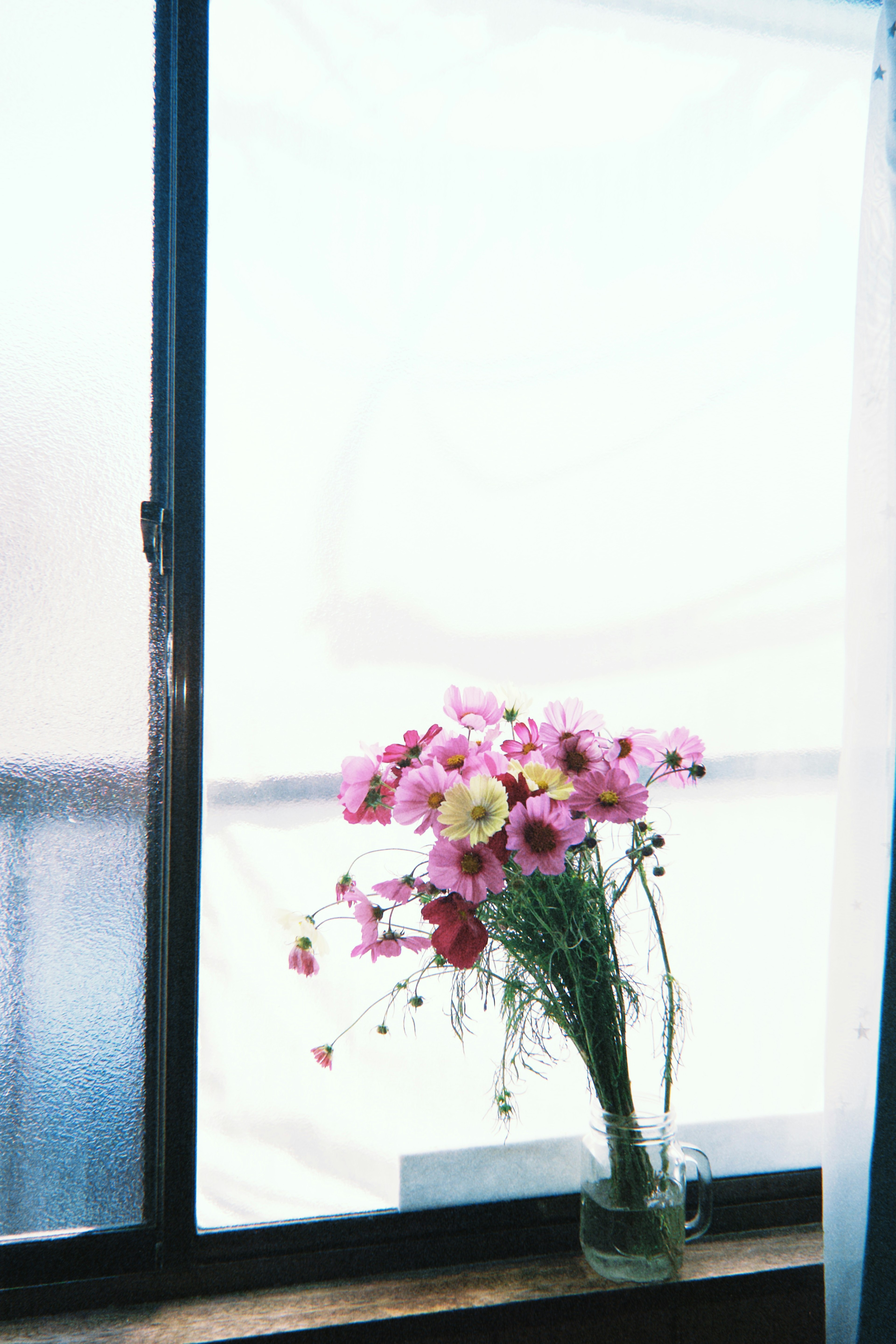 Un ramo de flores colocado junto a una ventana con flores de colores brillantes