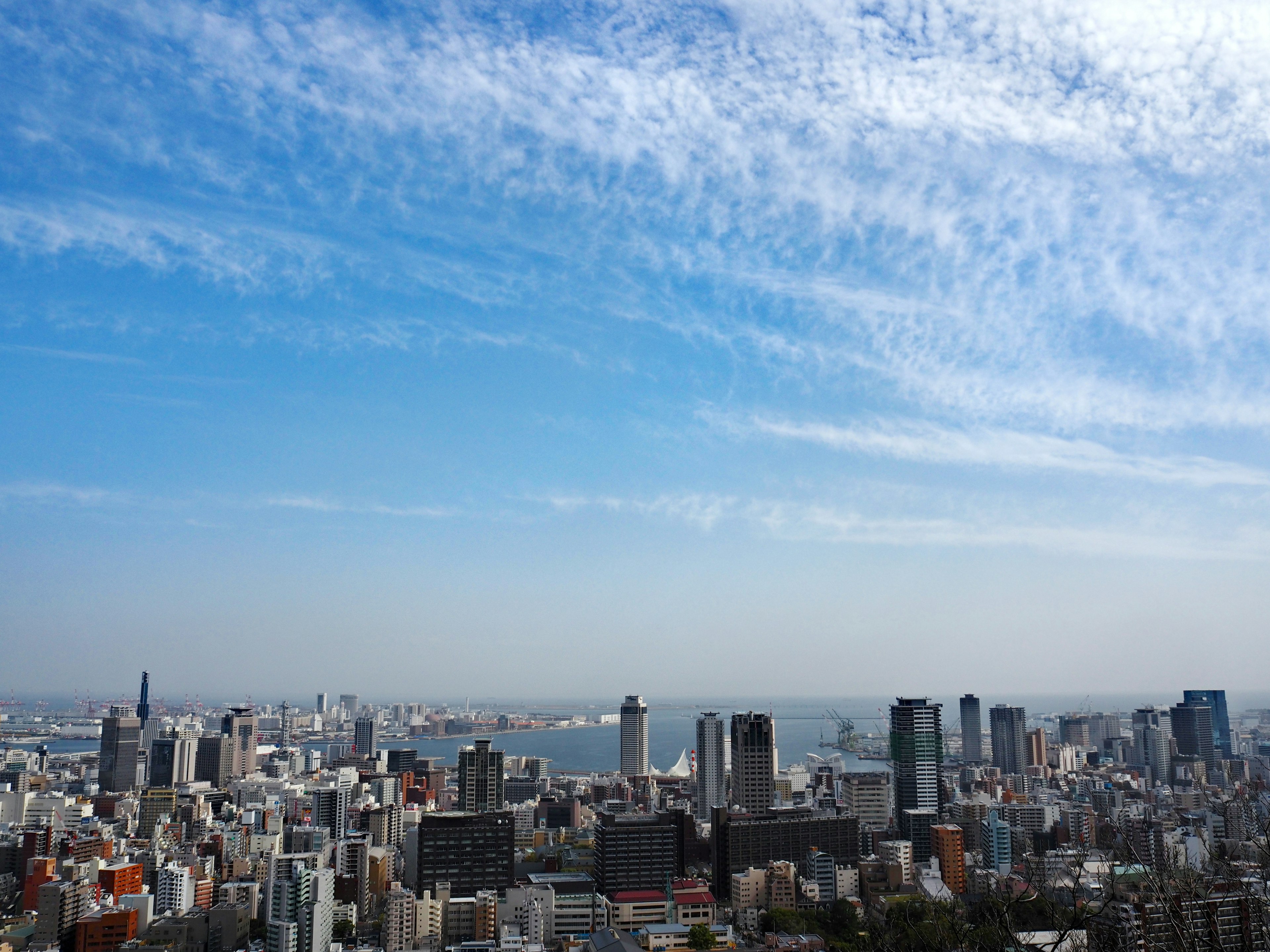 Panoramic city view with blue sky and clouds featuring skyscrapers