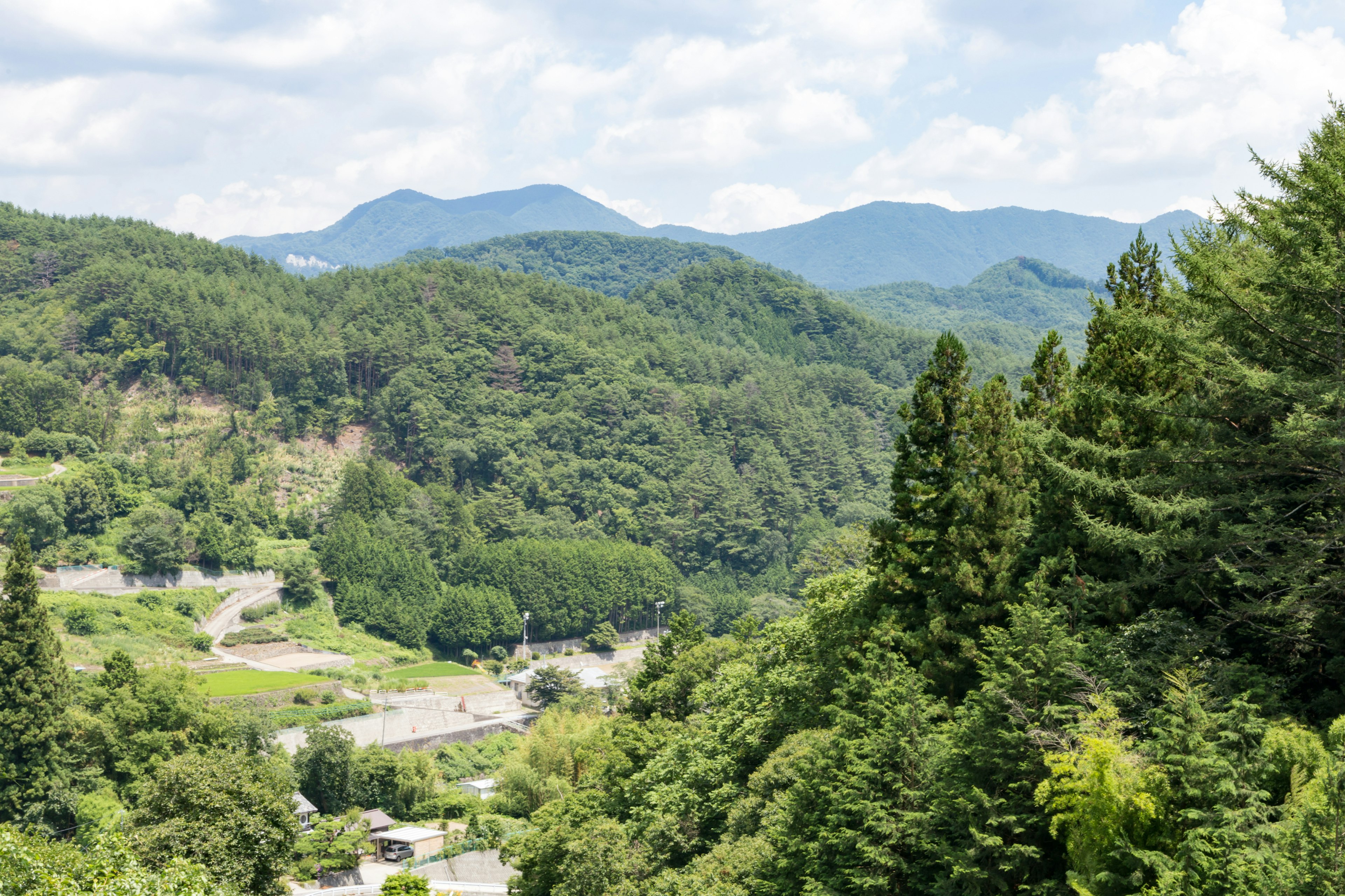 Paysage de village avec montagnes verdoyantes