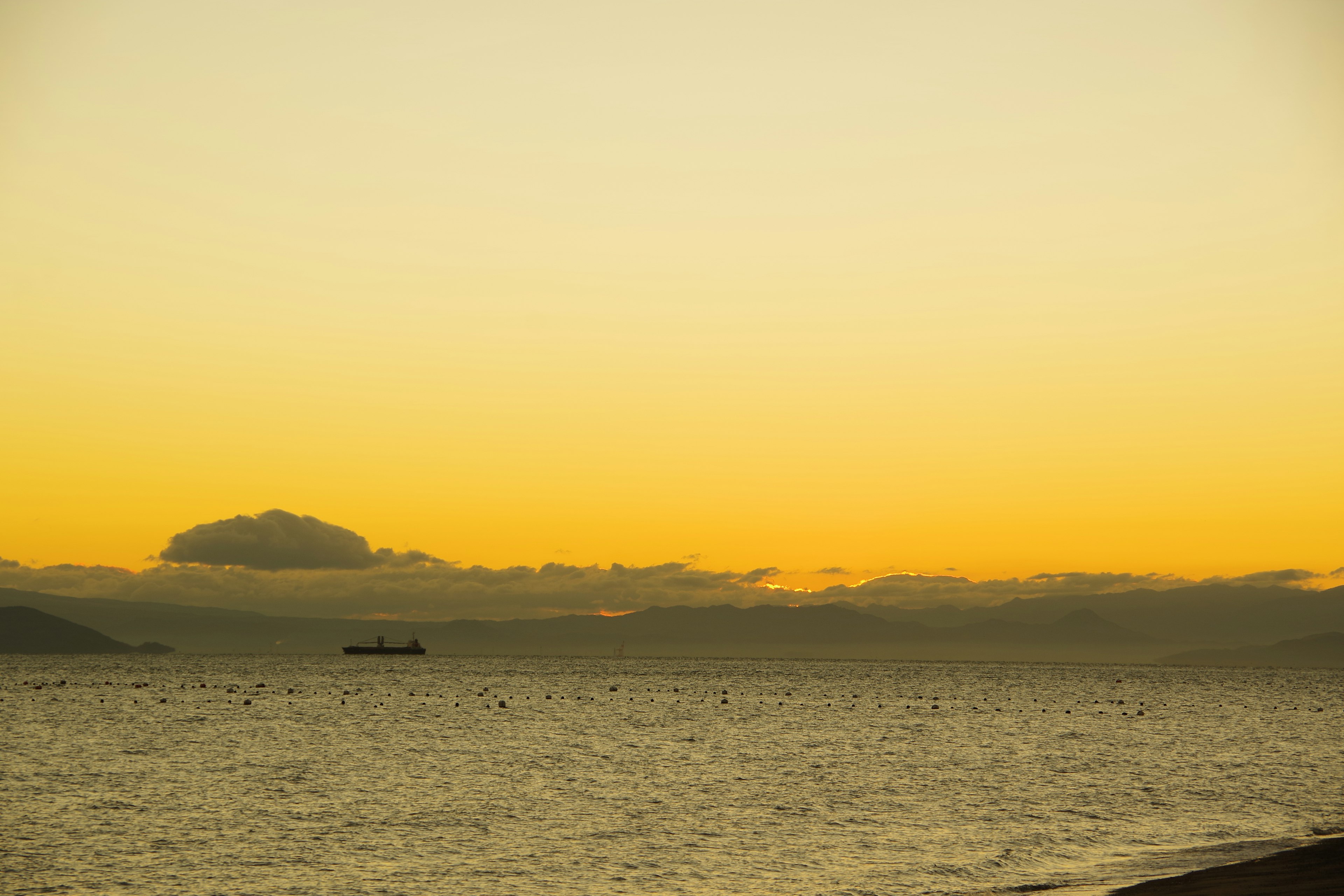 Paesaggio marittimo al tramonto con una nave in lontananza