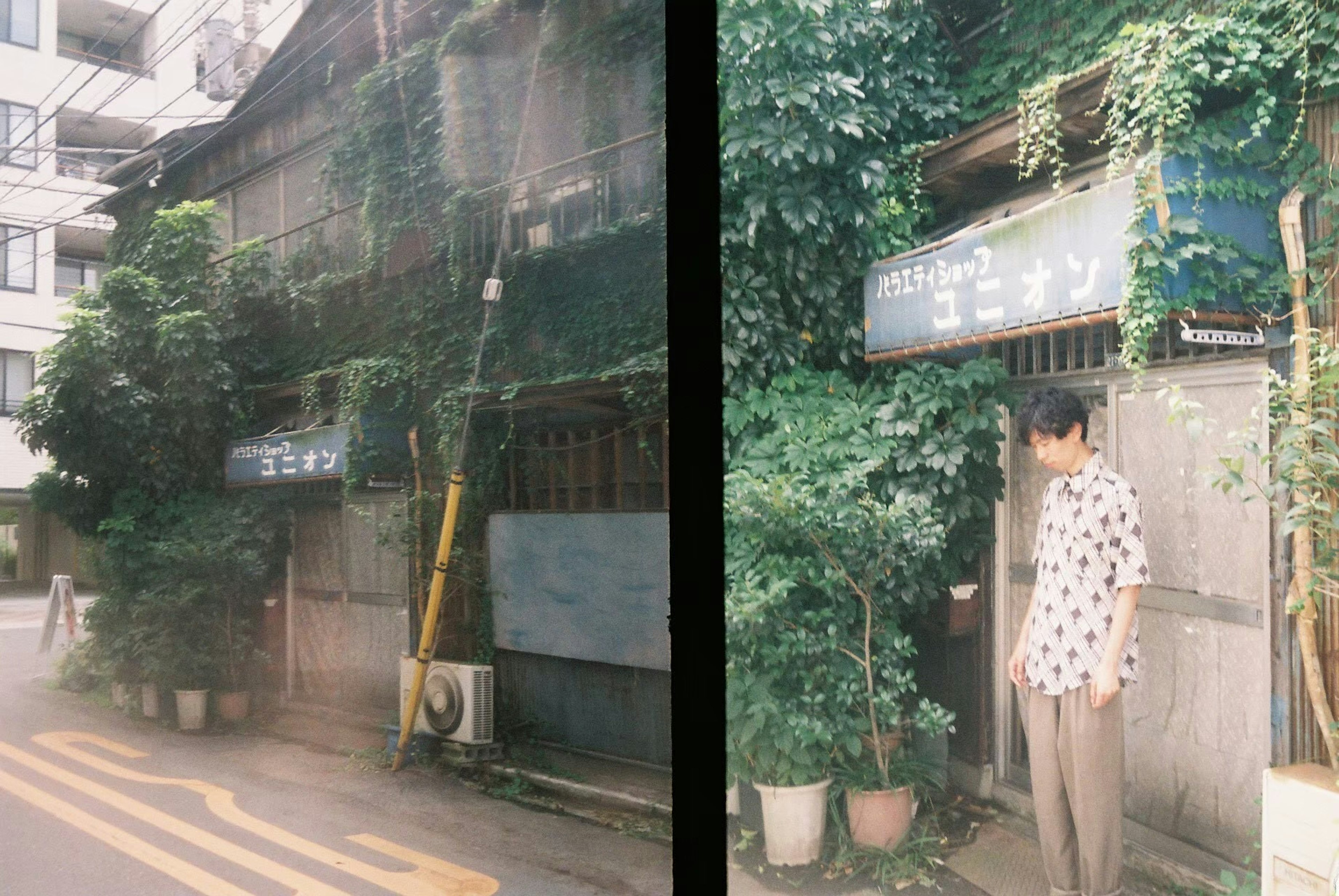 Exterior of an old building covered with greenery featuring a person