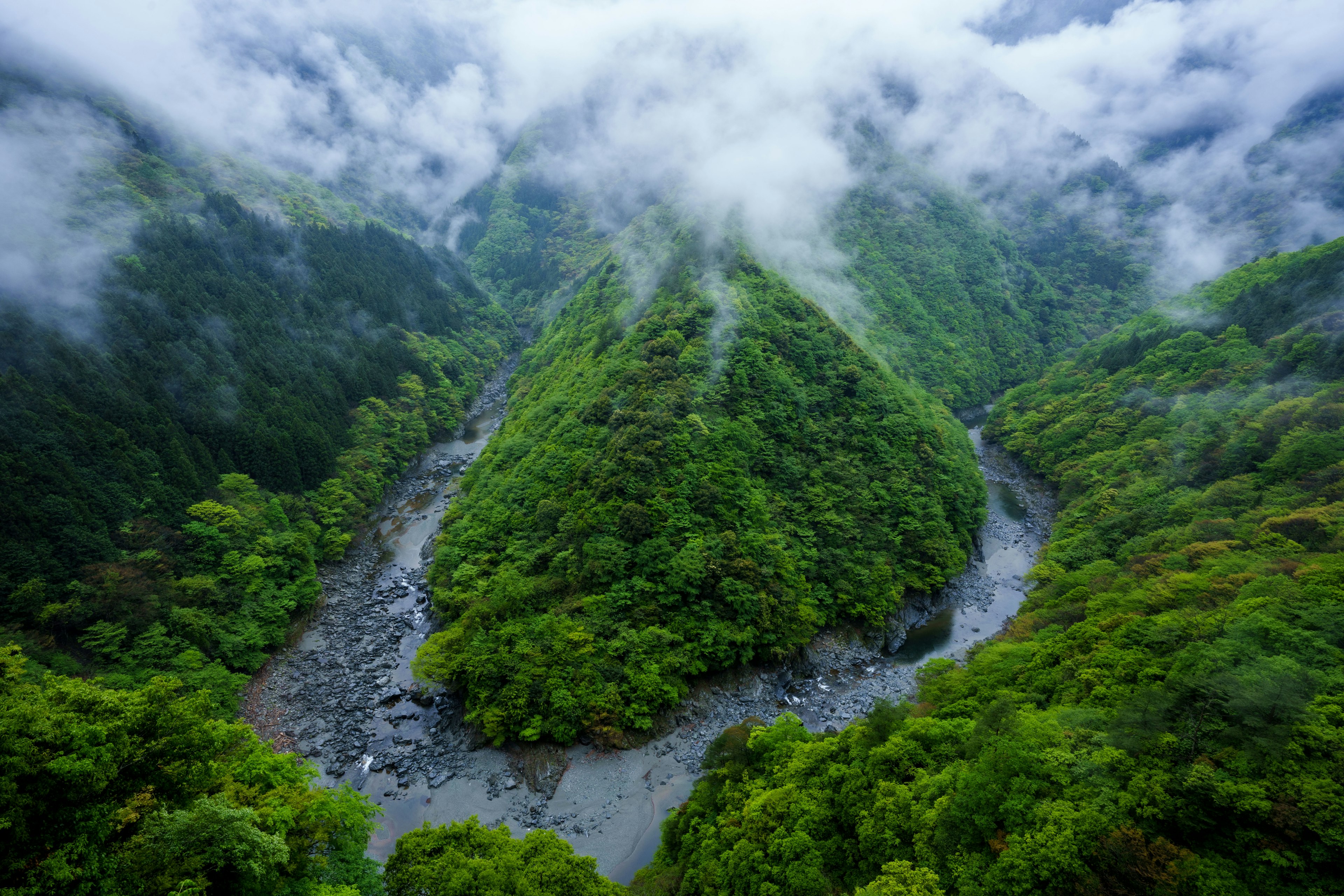 A scenic view of lush green mountains and a river shrouded in mist