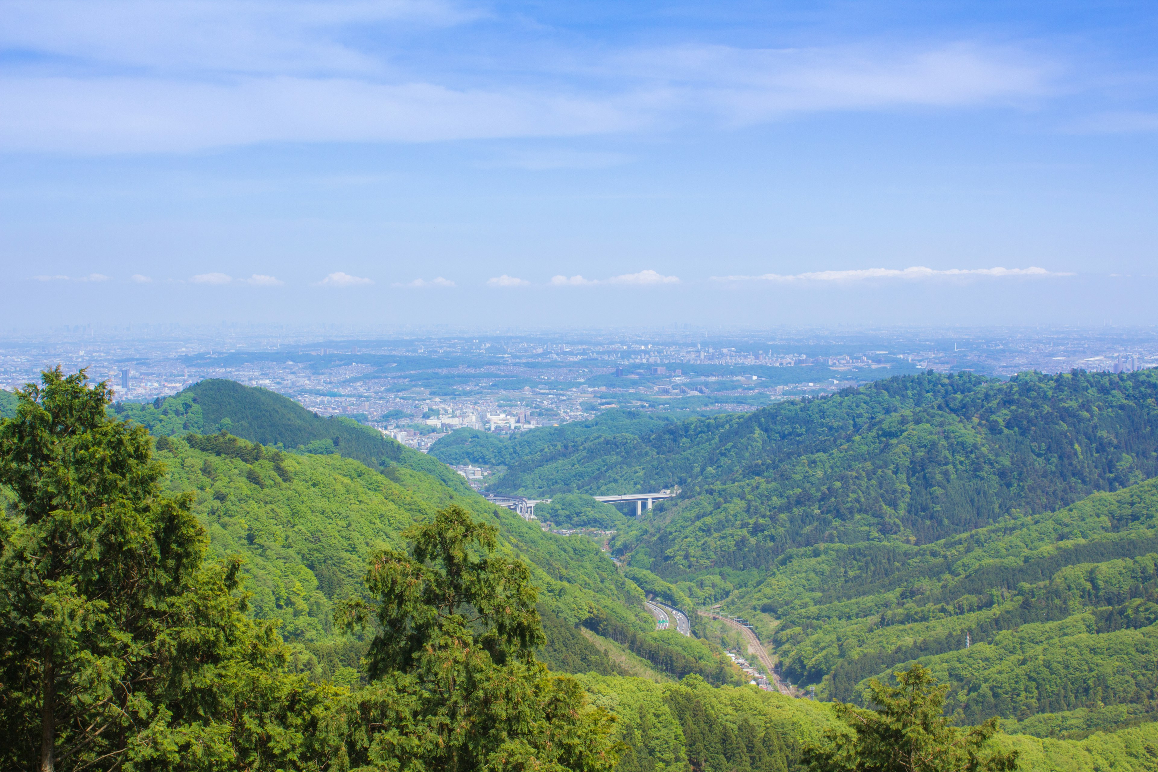 Lush green mountains under a clear blue sky