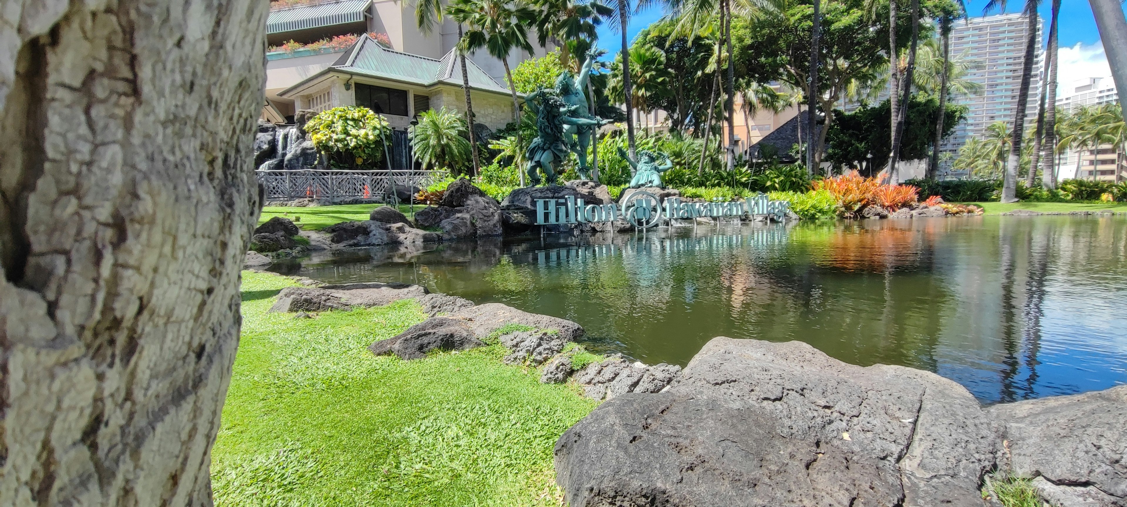 風景如畫的花園池塘，四周環繞著郁郁蔥蔥的綠植和色彩斑斓的花朵