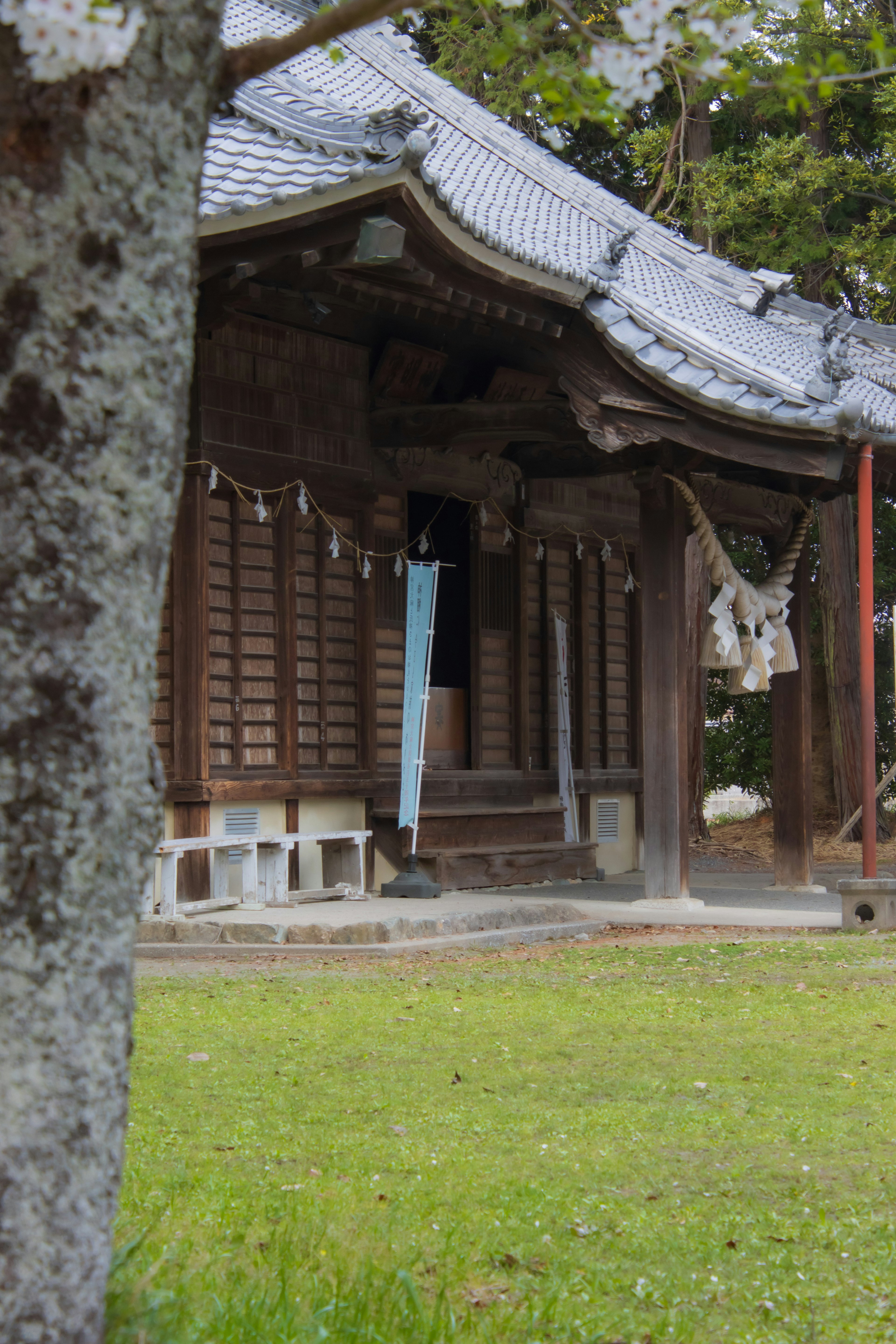 Exterior view of an old Japanese shrine with a green garden