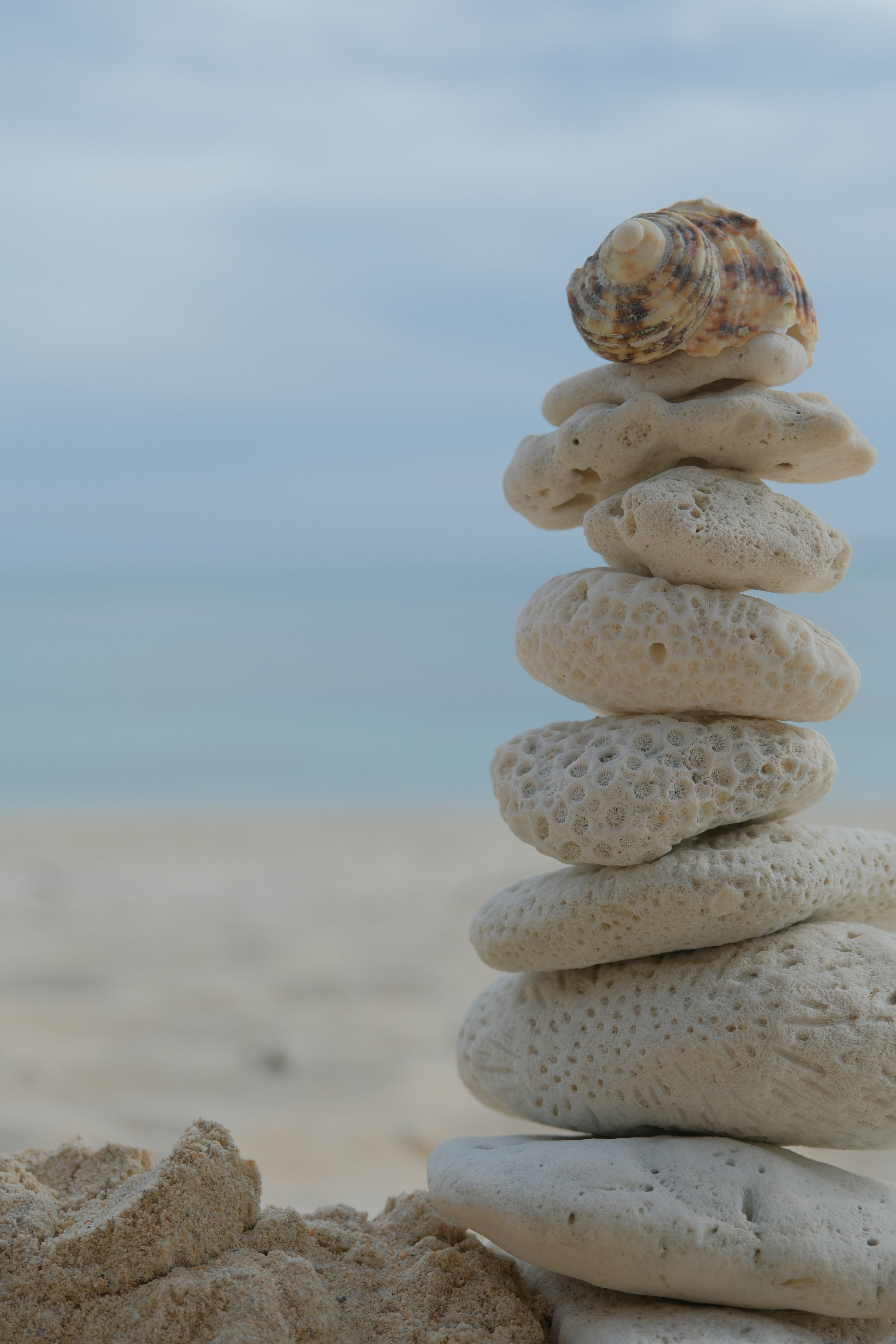 Pila di pietre bianche e una conchiglia su una spiaggia