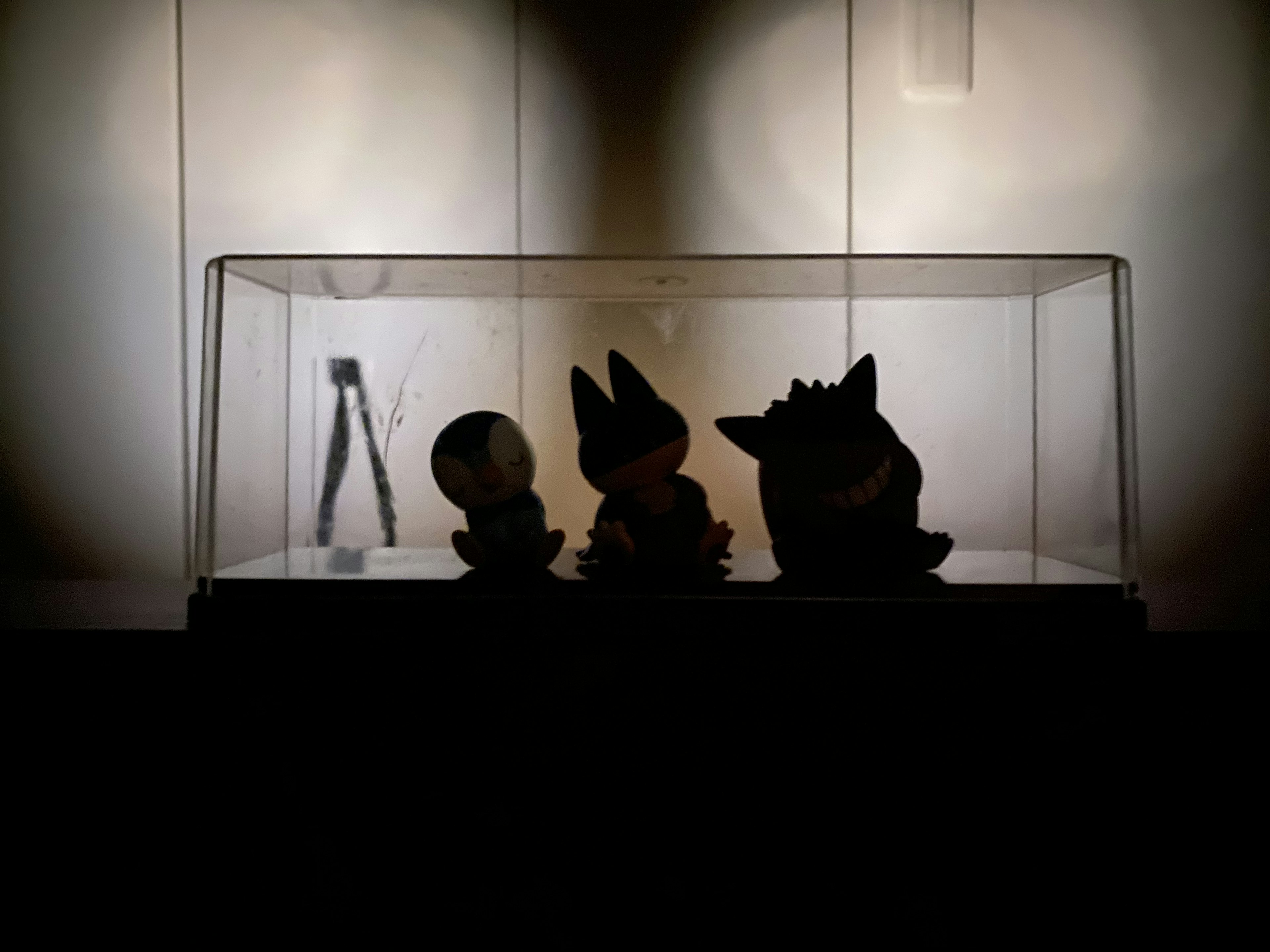 Silhouetted figures in a display case with background lighting