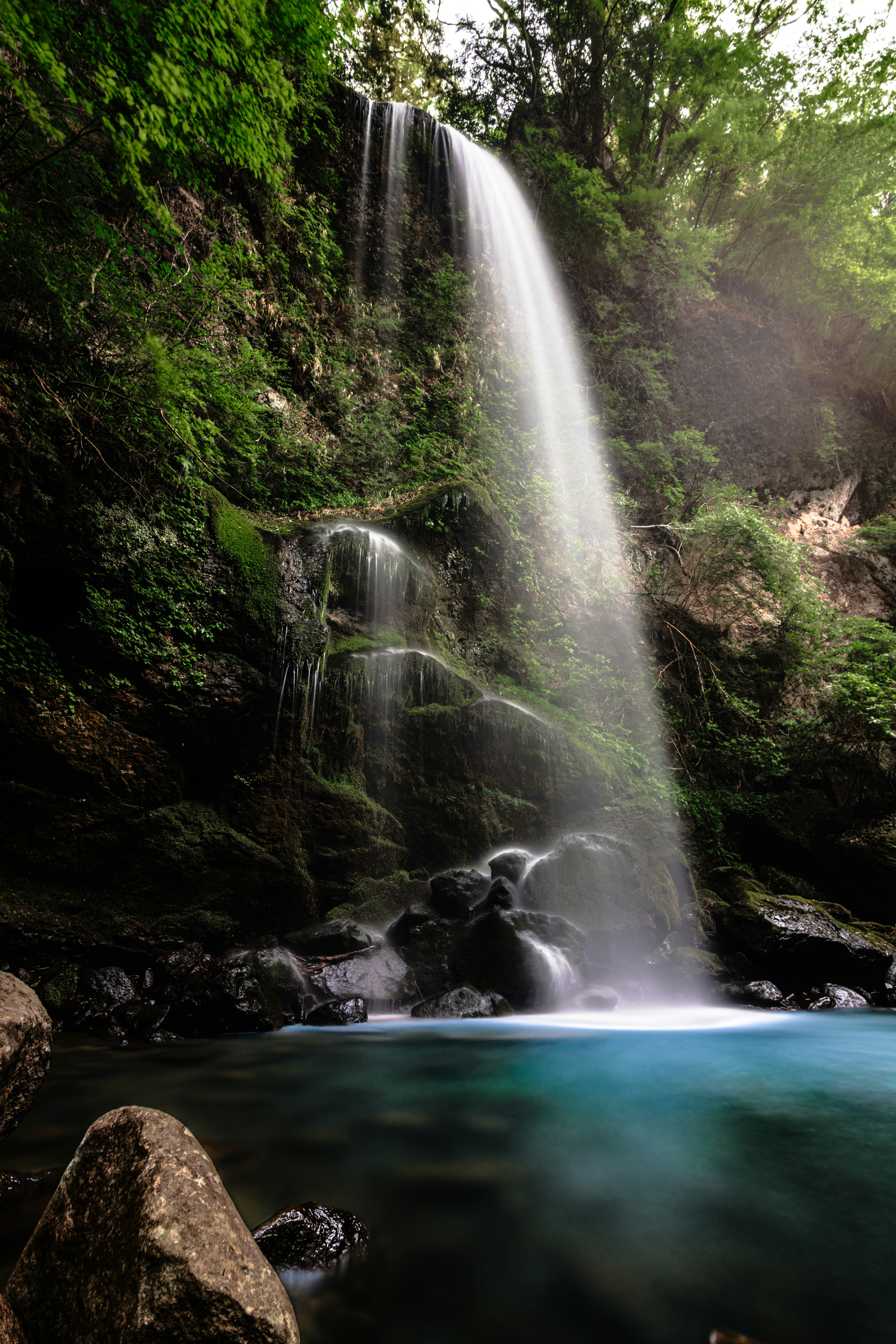 Schöner Wasserfall umgeben von Grün mit klarem Wasser