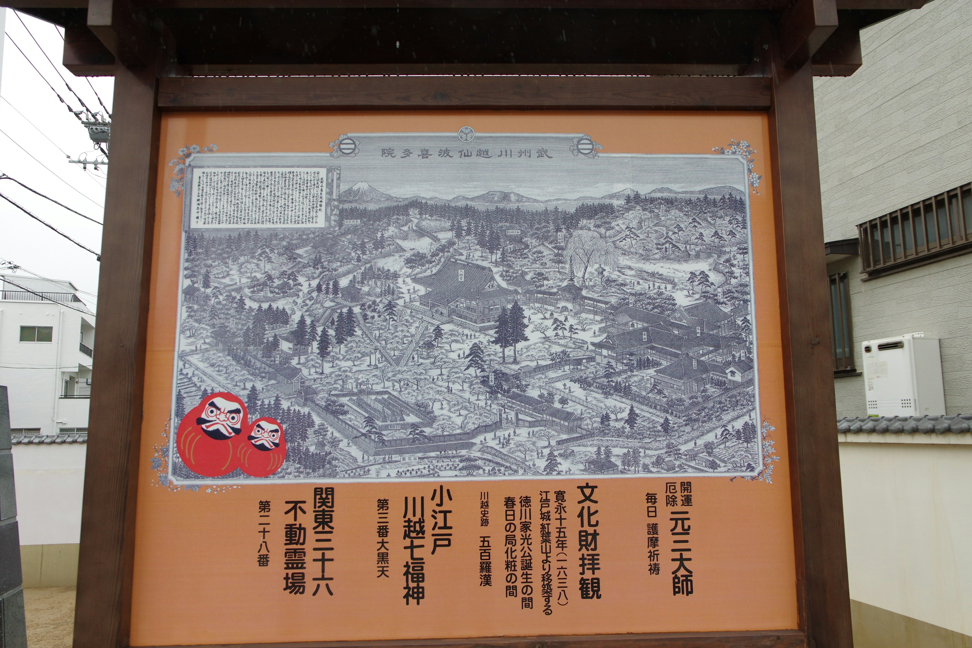 Panneau affichant une ancienne carte avec des poupées daruma rouges