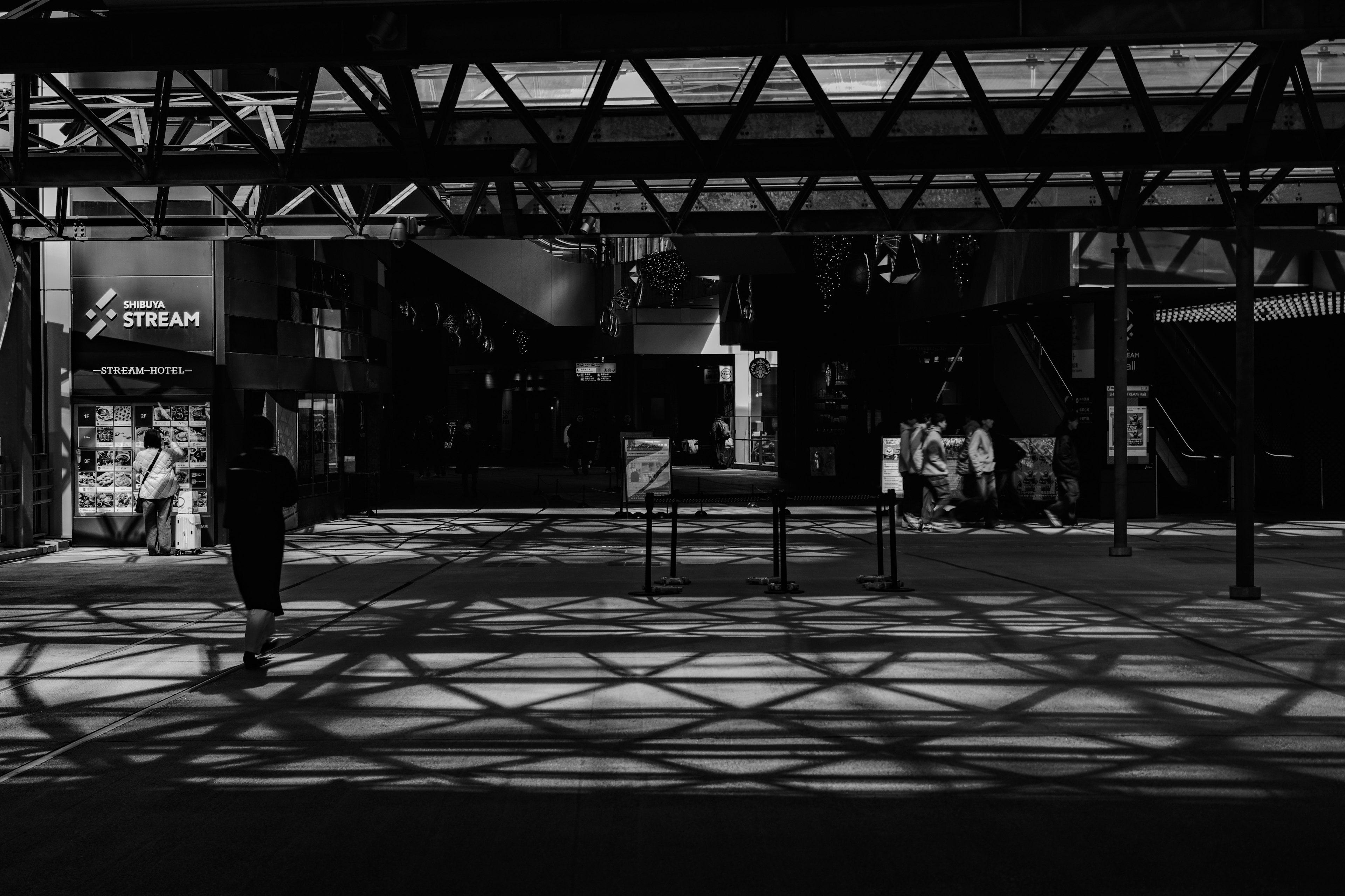 Interior de un edificio moderno con sombras cruzadas en blanco y negro