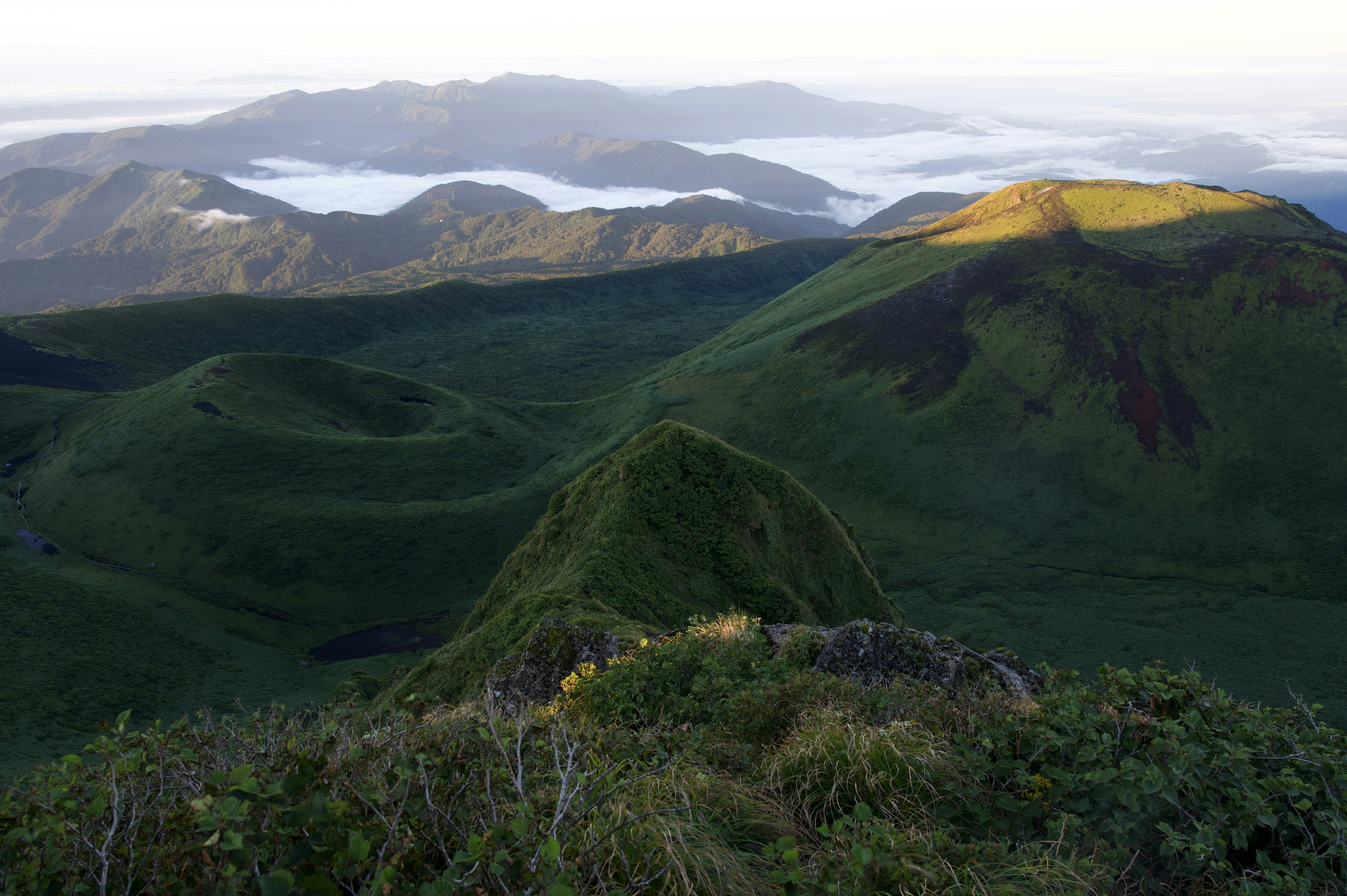 美しい緑の山々と霧の谷の風景を捉えた画像