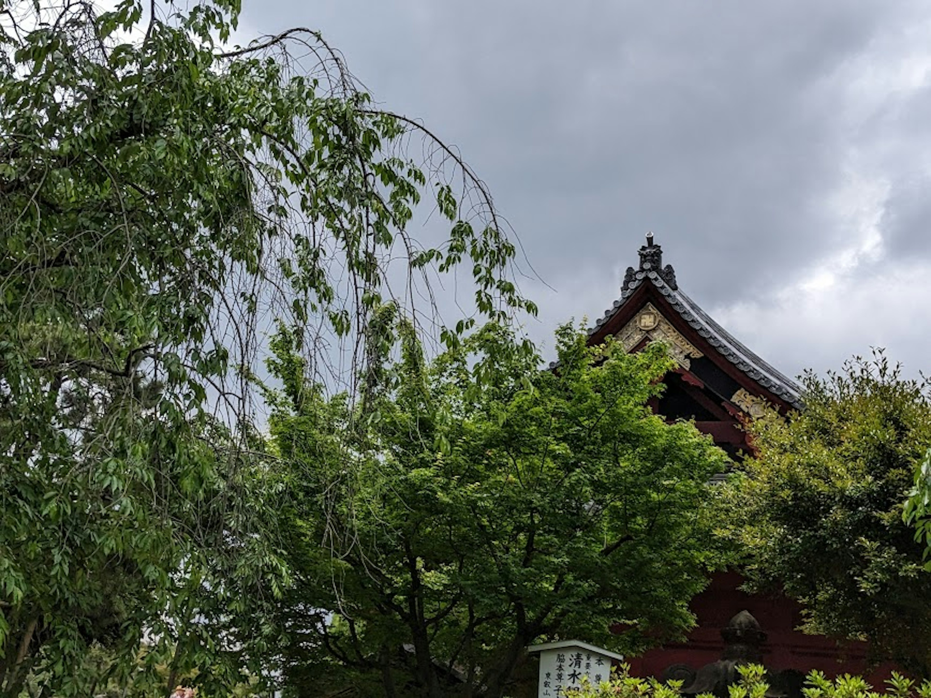 Edificio japonés tradicional parcialmente cubierto por árboles verdes exuberantes bajo un cielo nublado