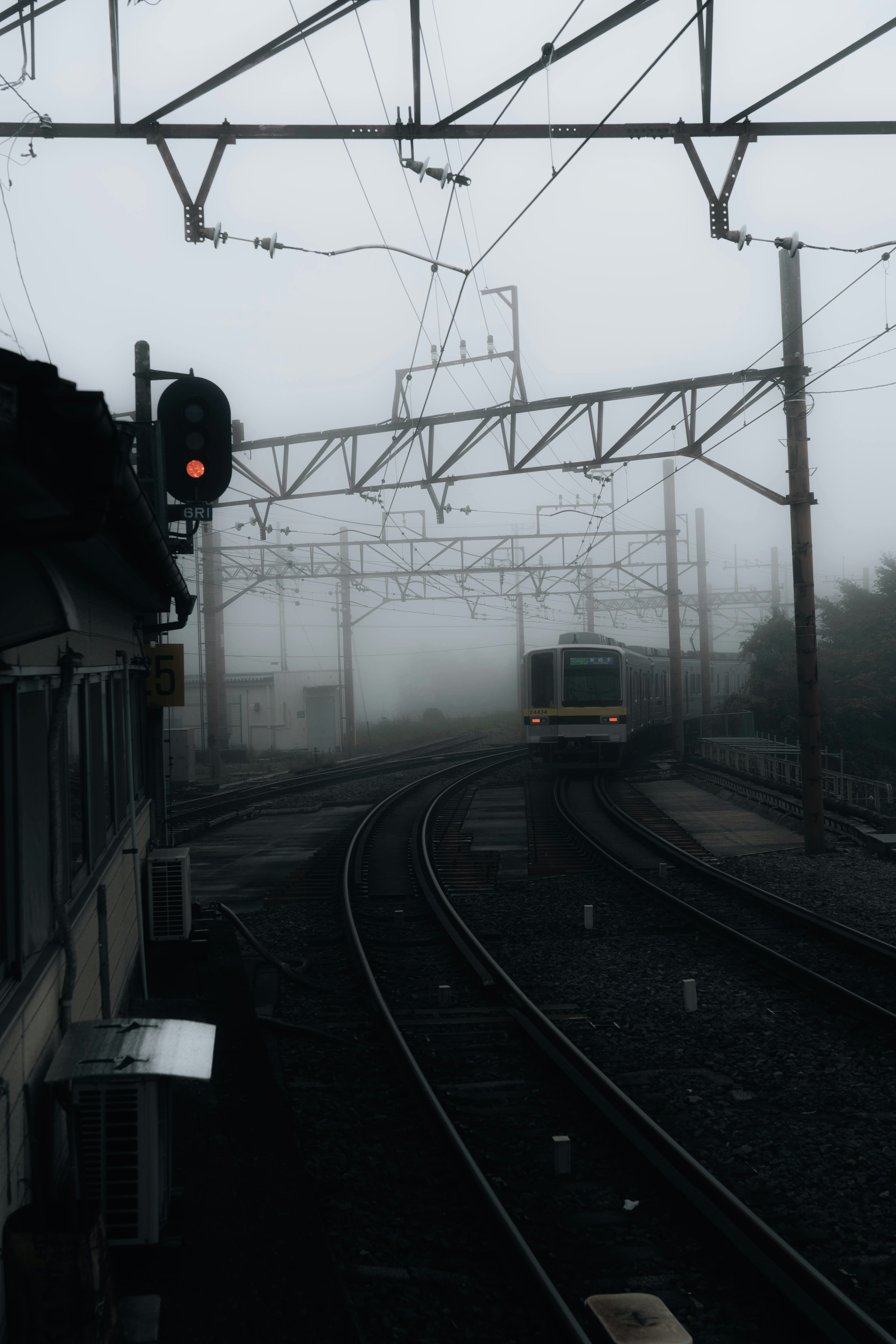 霧の中を走る電車と信号機の画像