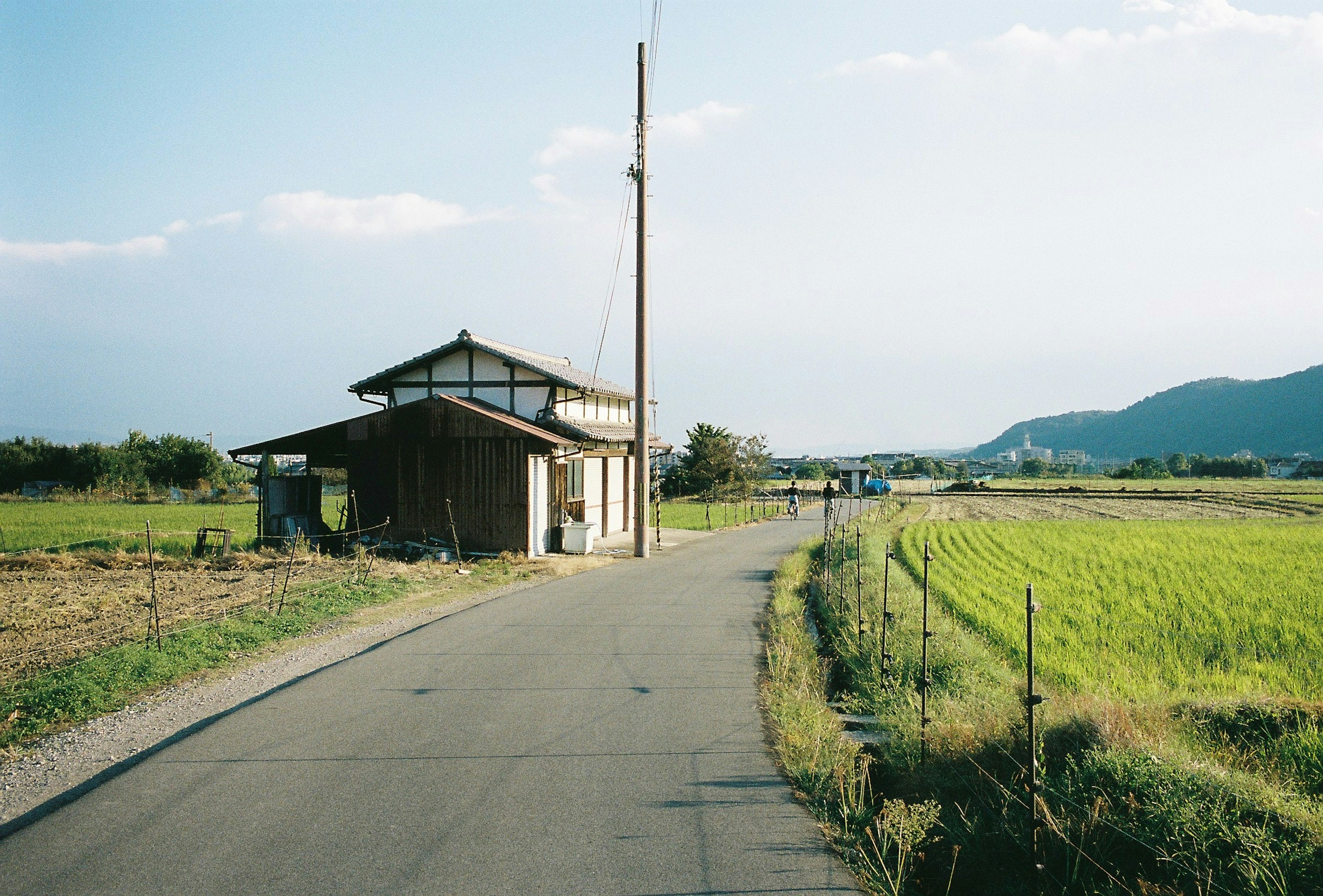 田舎の風景にある小さな家と道