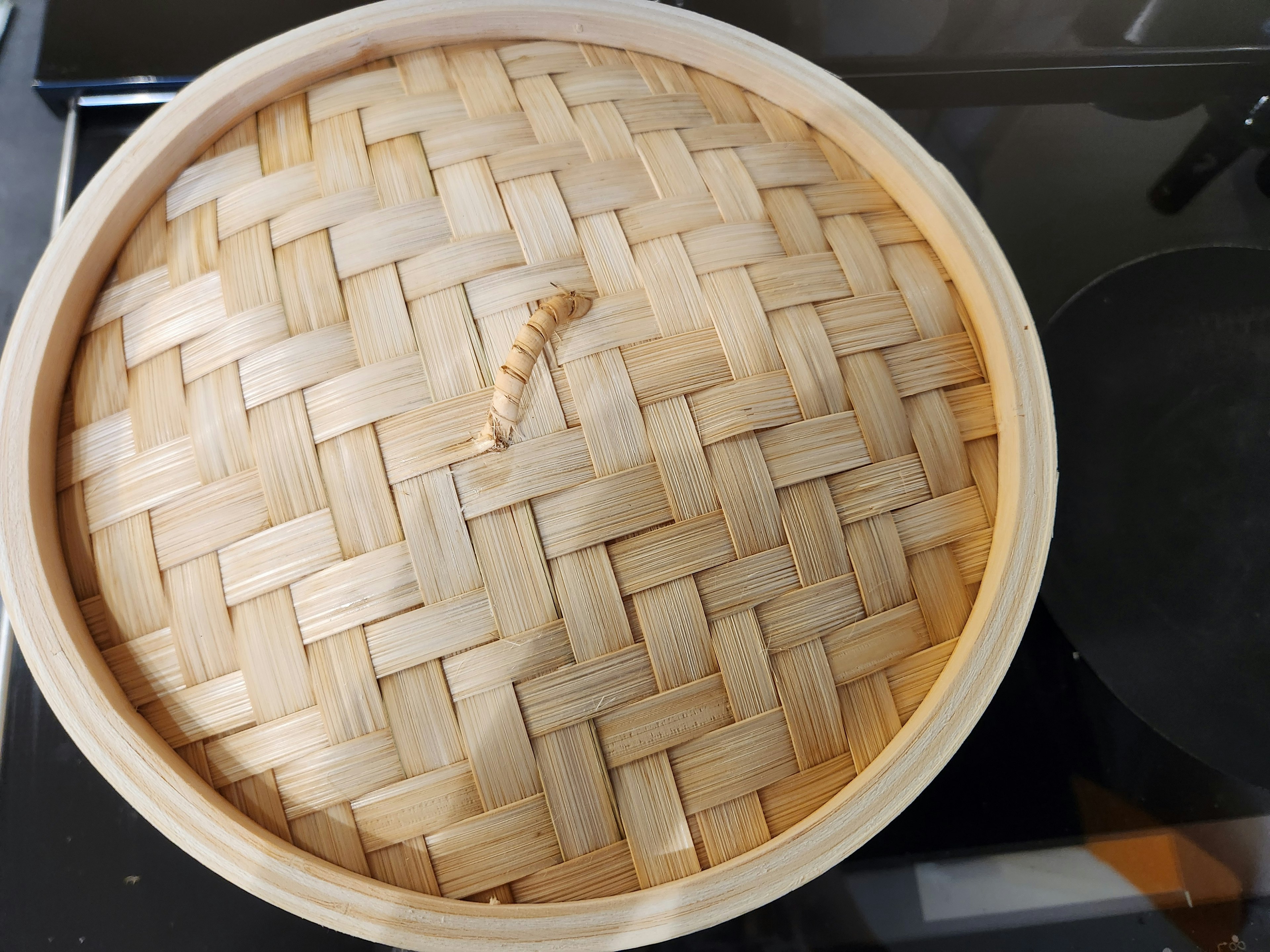 Wooden steamer lid placed on a surface with a small insect in the center