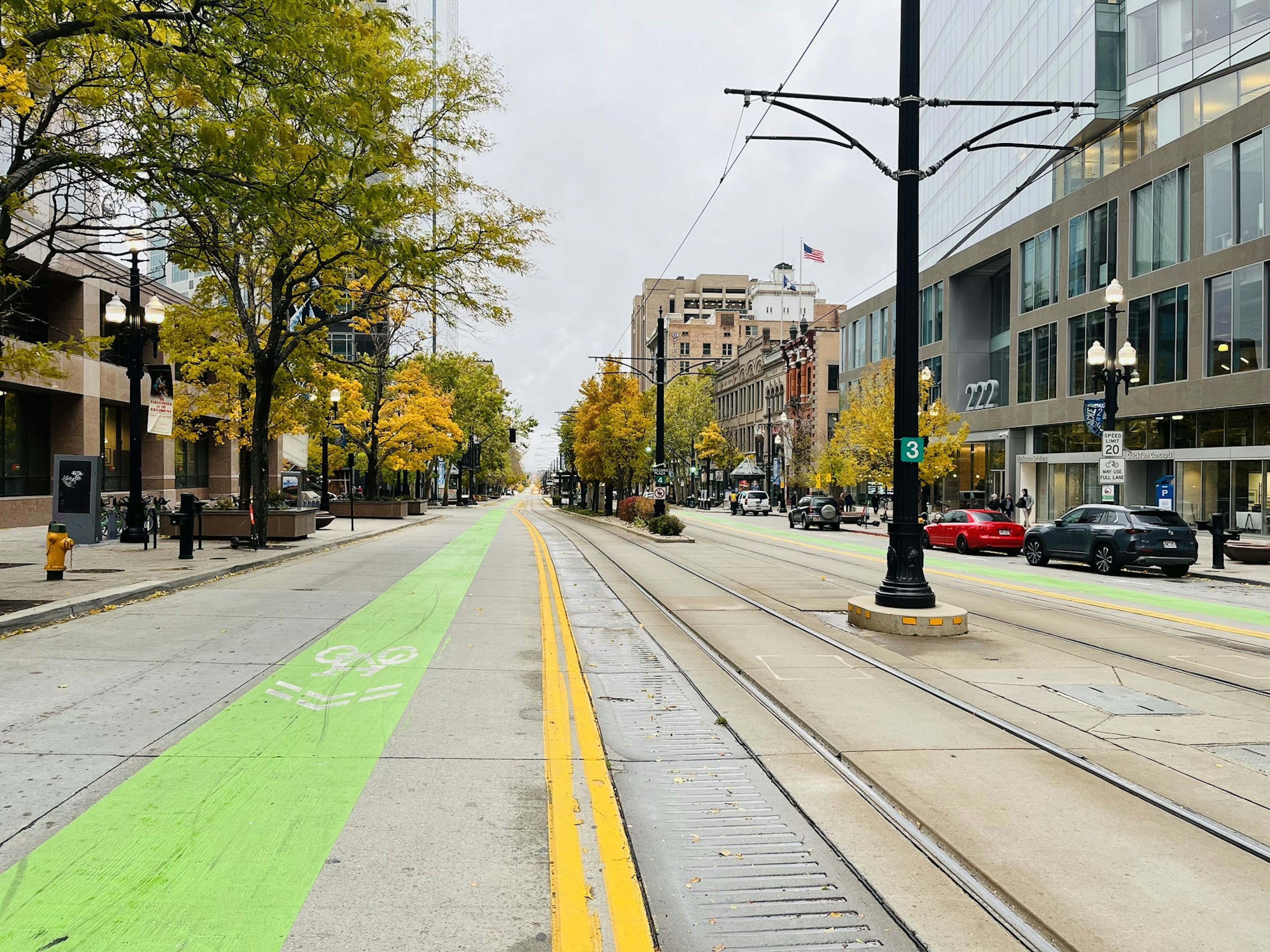 Strada urbana con una pista ciclabile verde e alberi autunnali