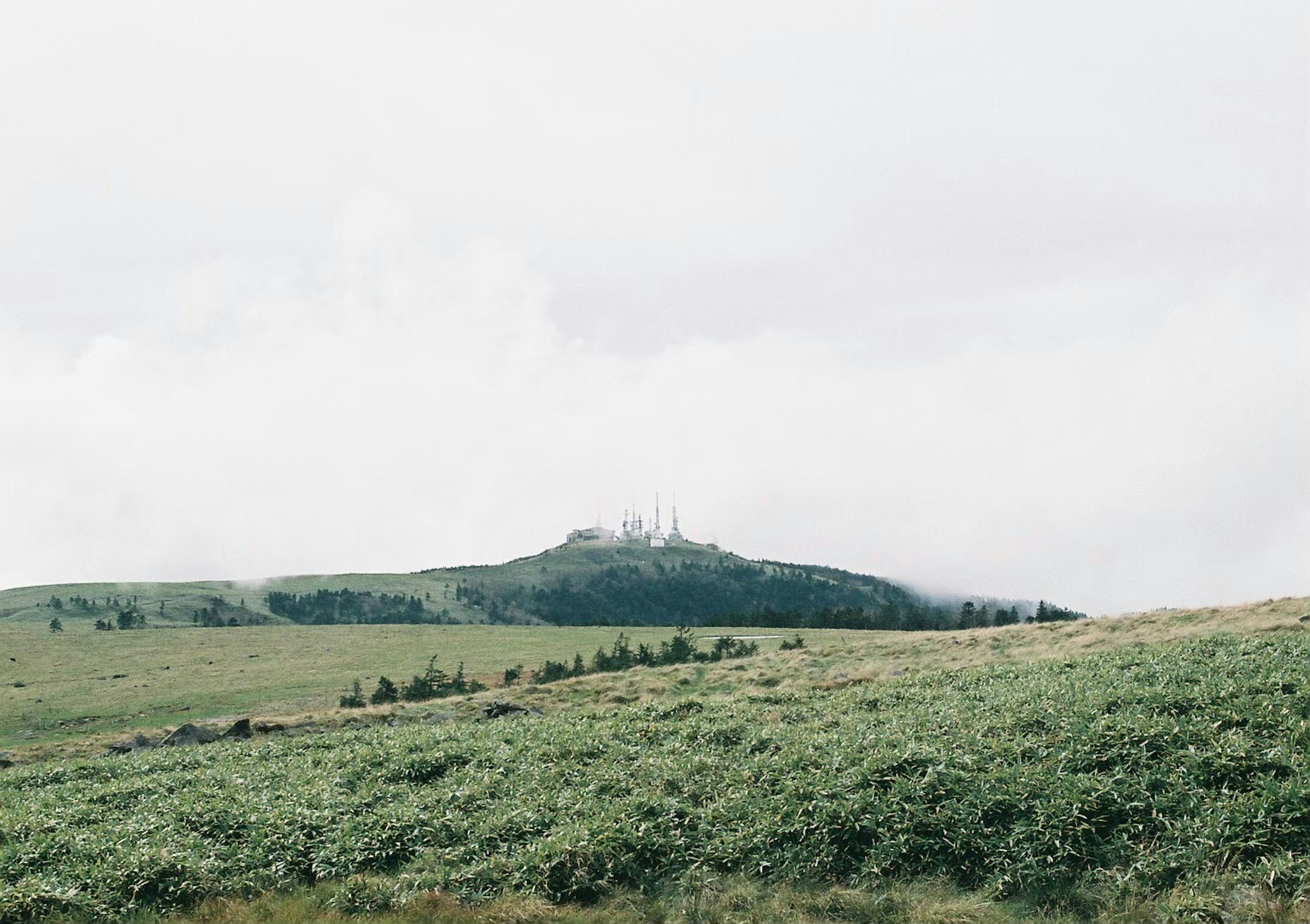 A mist-covered hill with structures on top surrounded by green fields