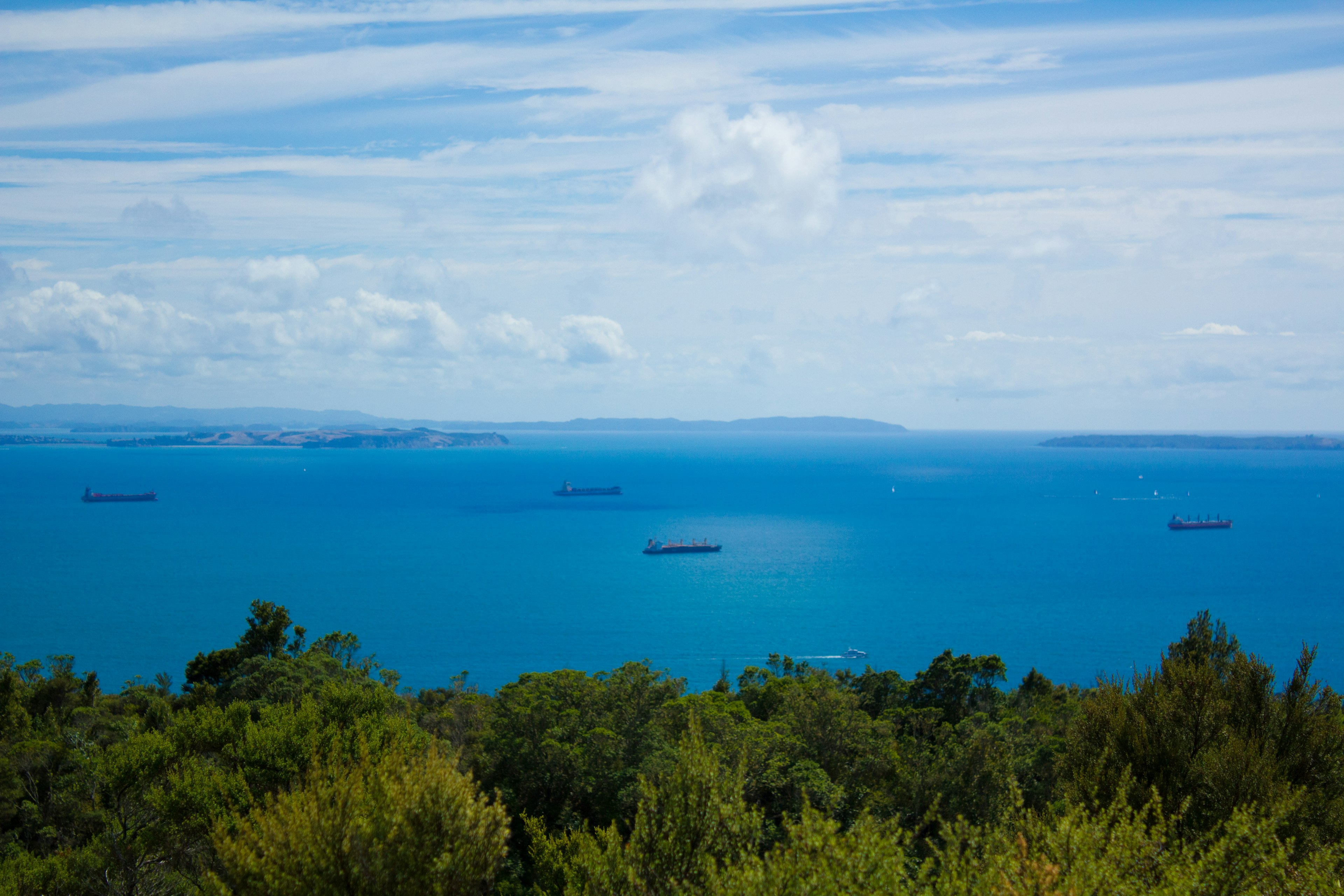 Scenic view of blue ocean with ships and green foliage