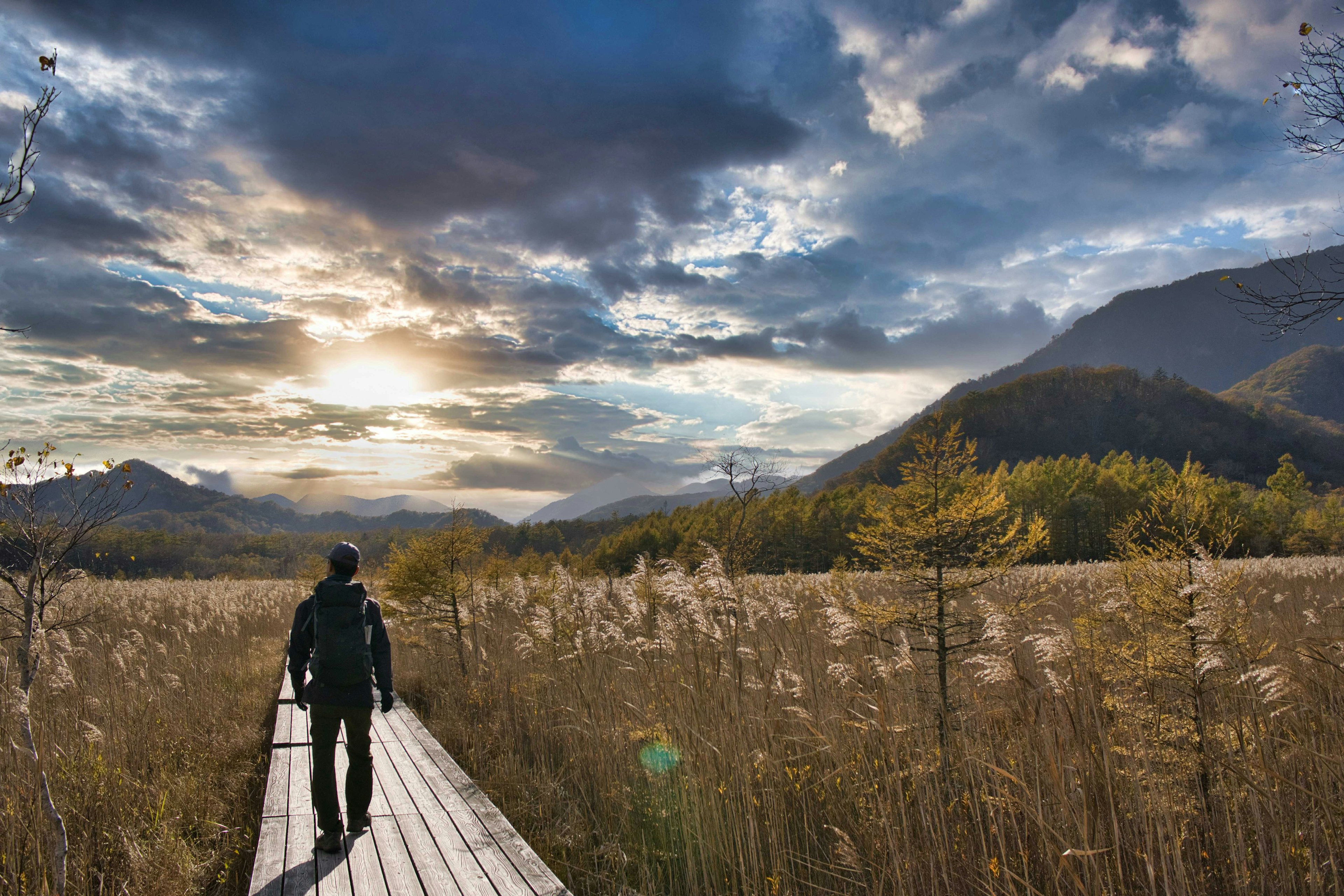 Person walking on a wooden path with a sunset backdrop and expansive grassland