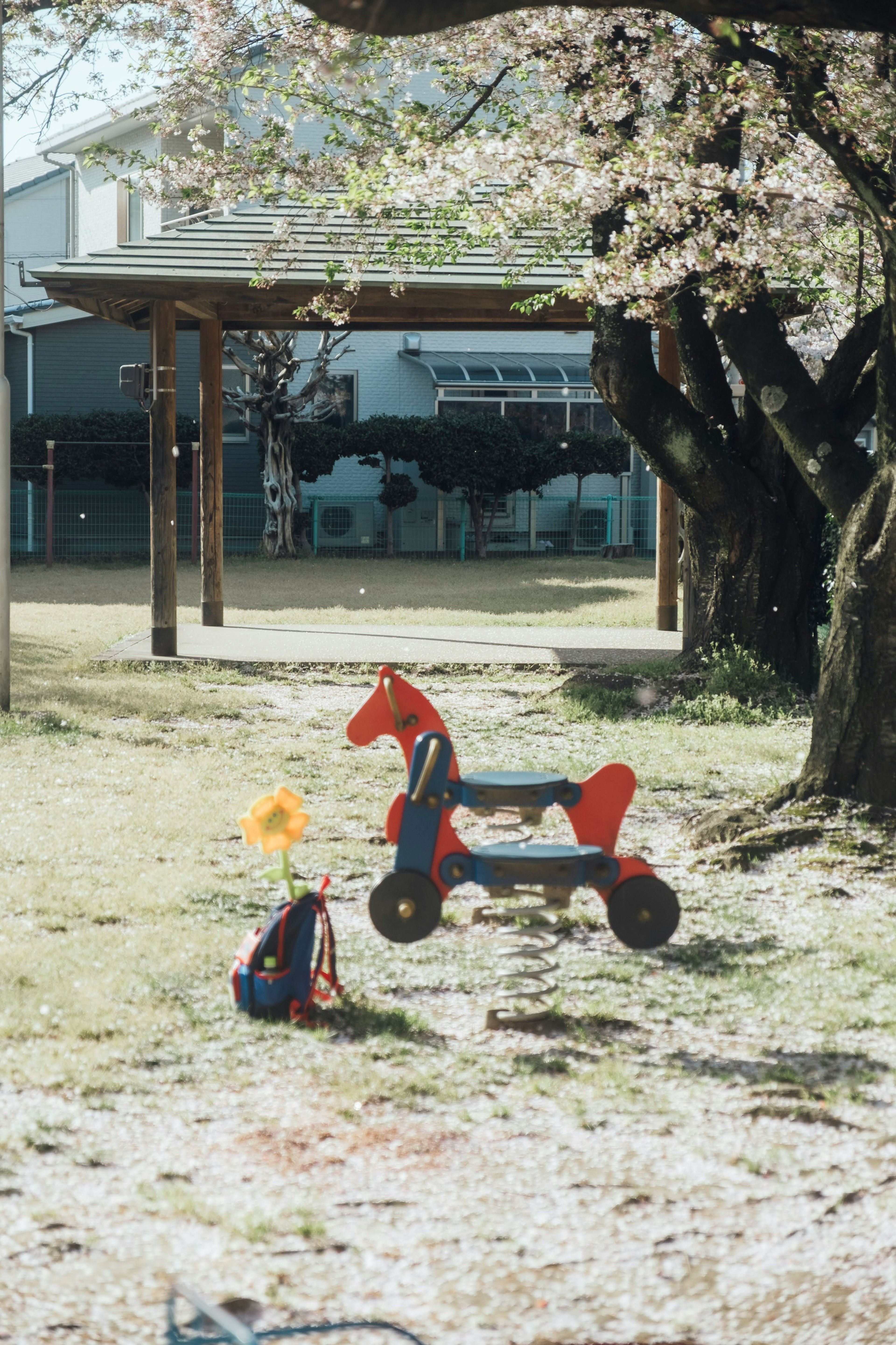 公園の遊具と桜の木がある風景