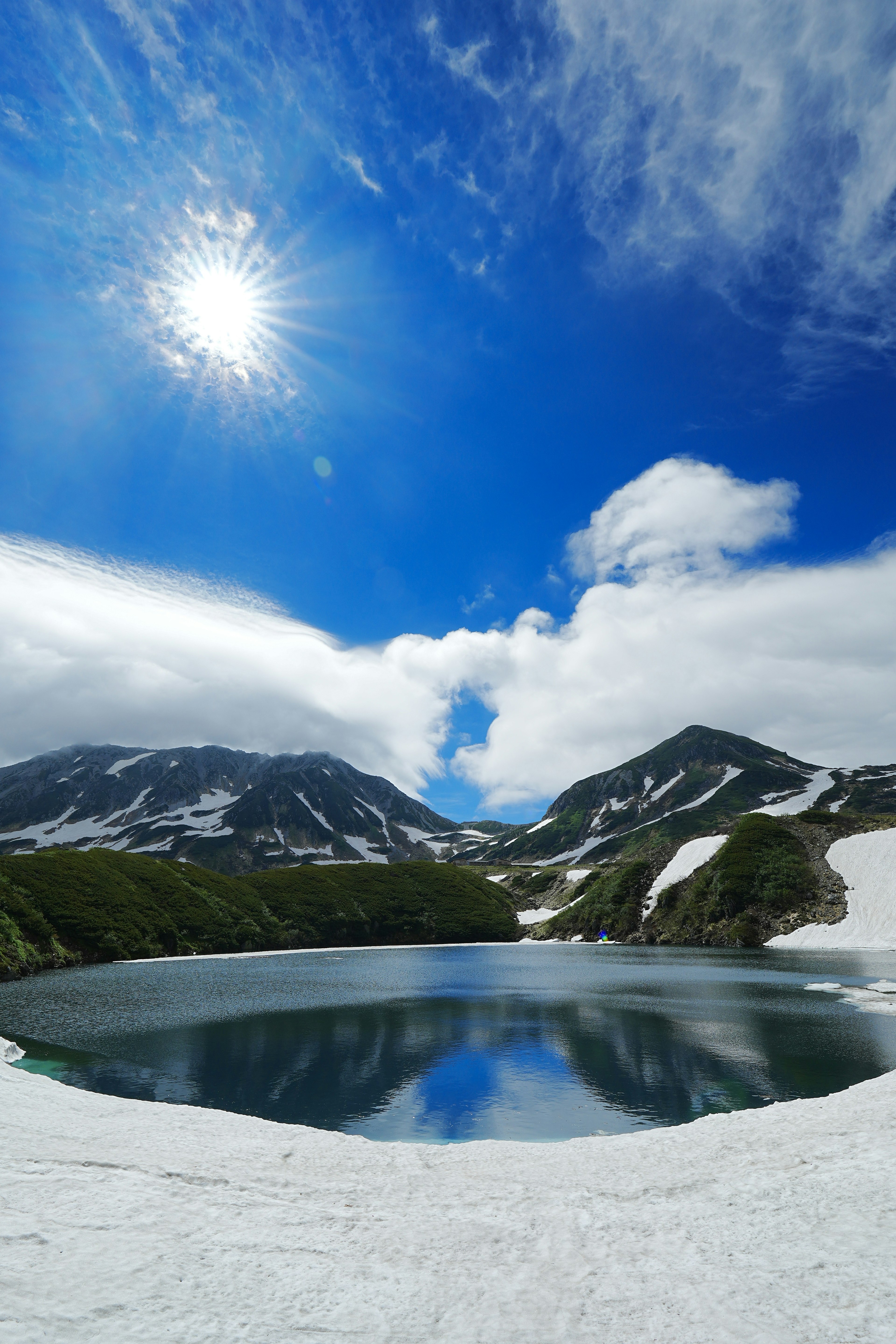 Hermoso lago rodeado de nieve y cielo azul