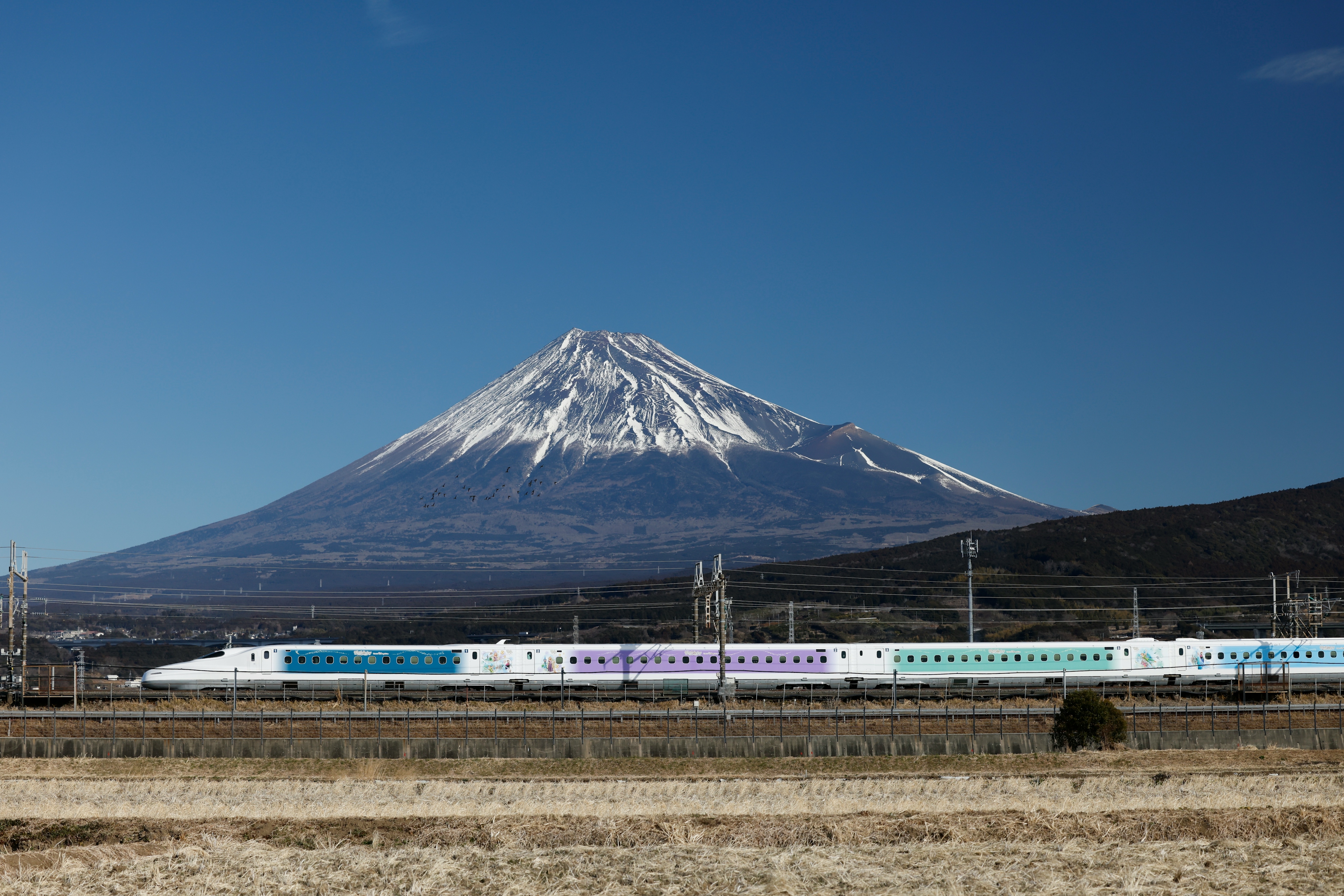 Der Fuji mit Shinkansen im Vordergrund