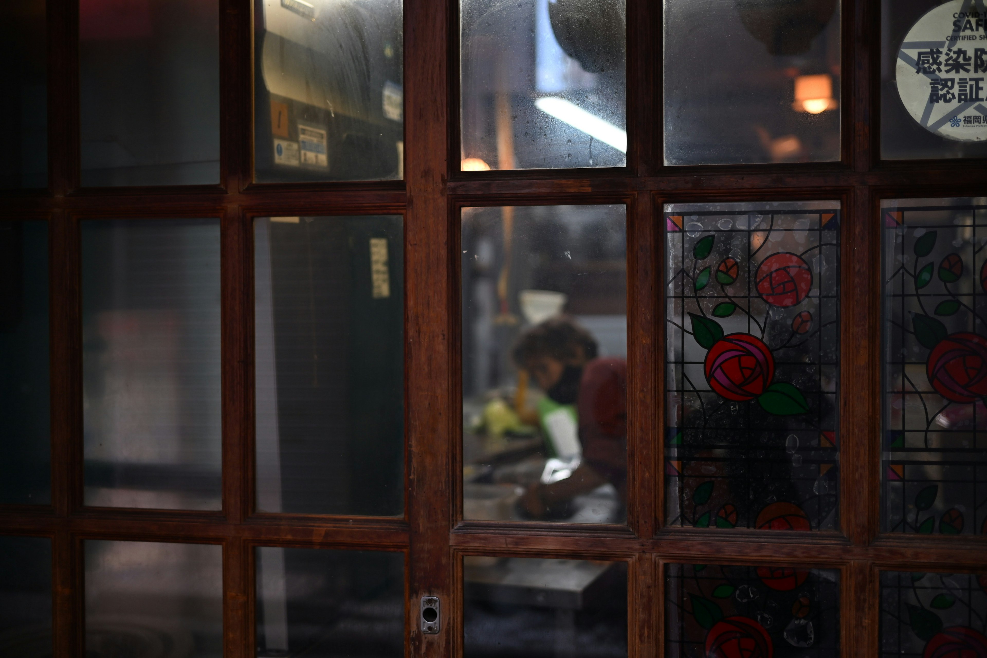 Silhouette of a person inside a room viewed through a wooden door