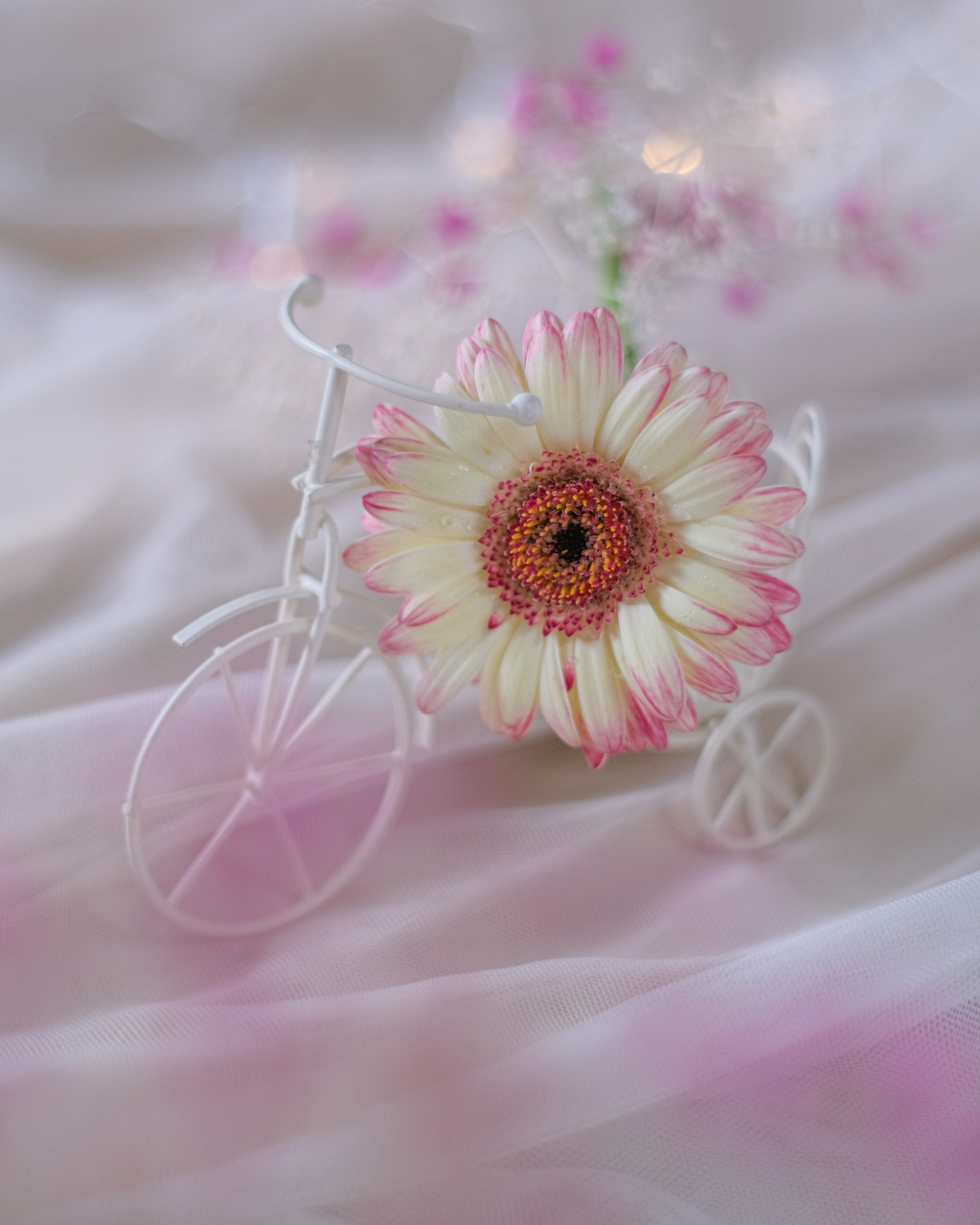 Una bicicletta bianca adornata con un arrangiamento floreale rosa